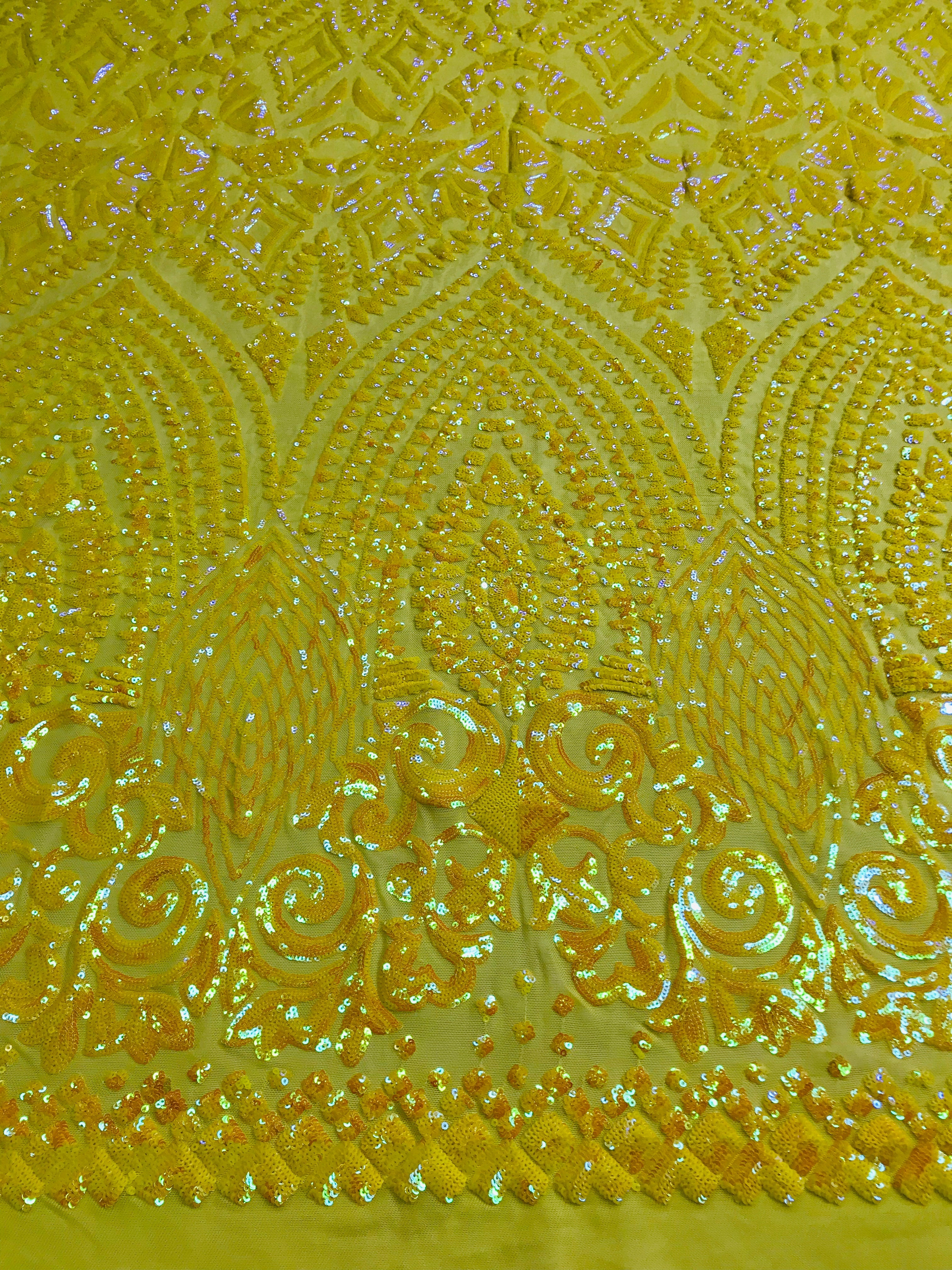Shiny Pattern Sequins - Yellow - 4 Way Stretch Multi Pattern Net Design Fashion Fabric