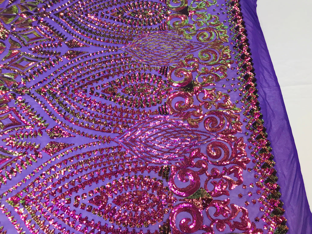 Shiny Pattern Sequins - Iridescent Purple / Gold Mesh 4 Way Stretch Multi Pattern Net Design Fabric