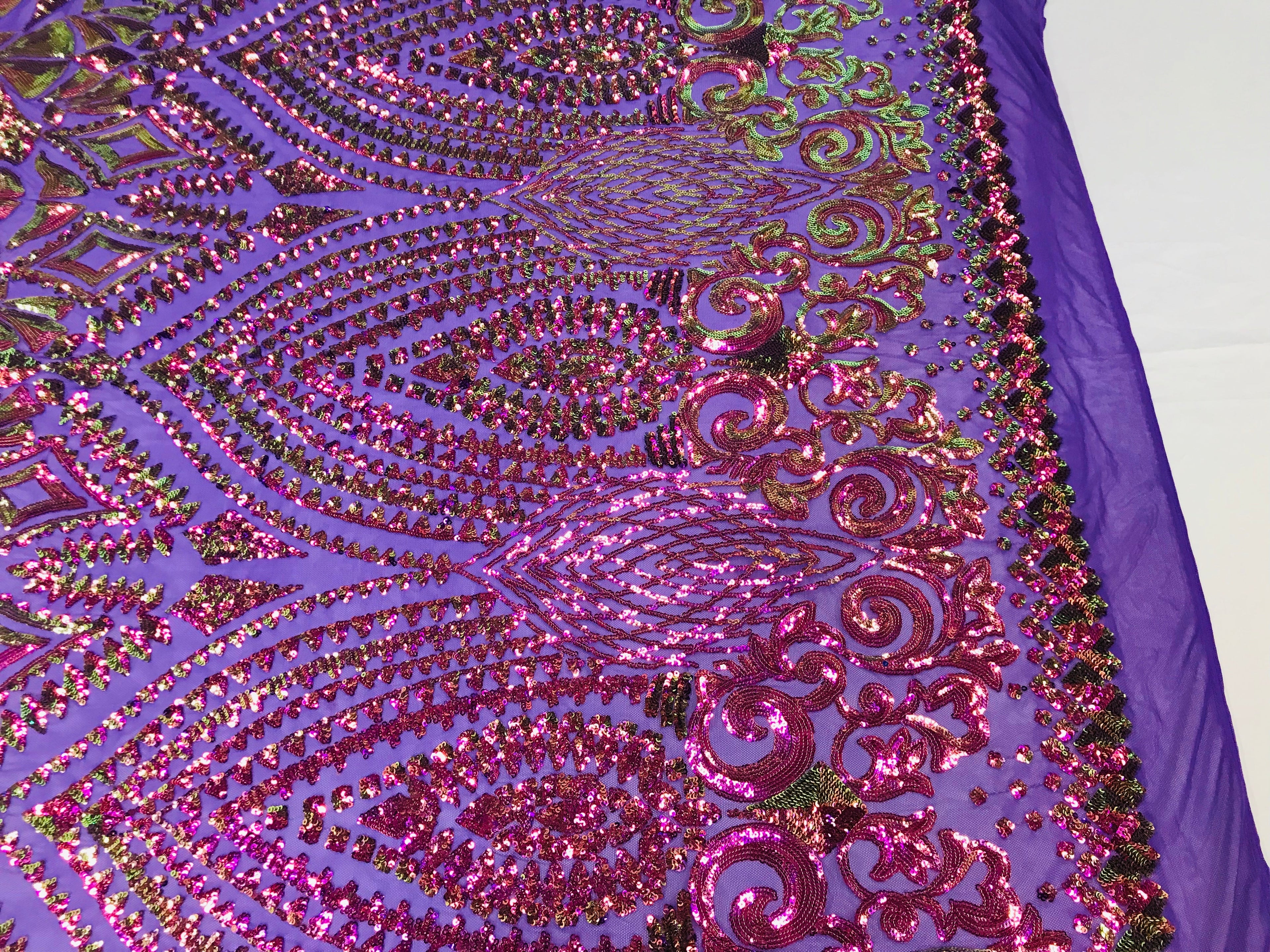 Shiny Pattern Sequins - Iridescent Purple / Gold Mesh 4 Way Stretch Multi Pattern Net Design Fabric