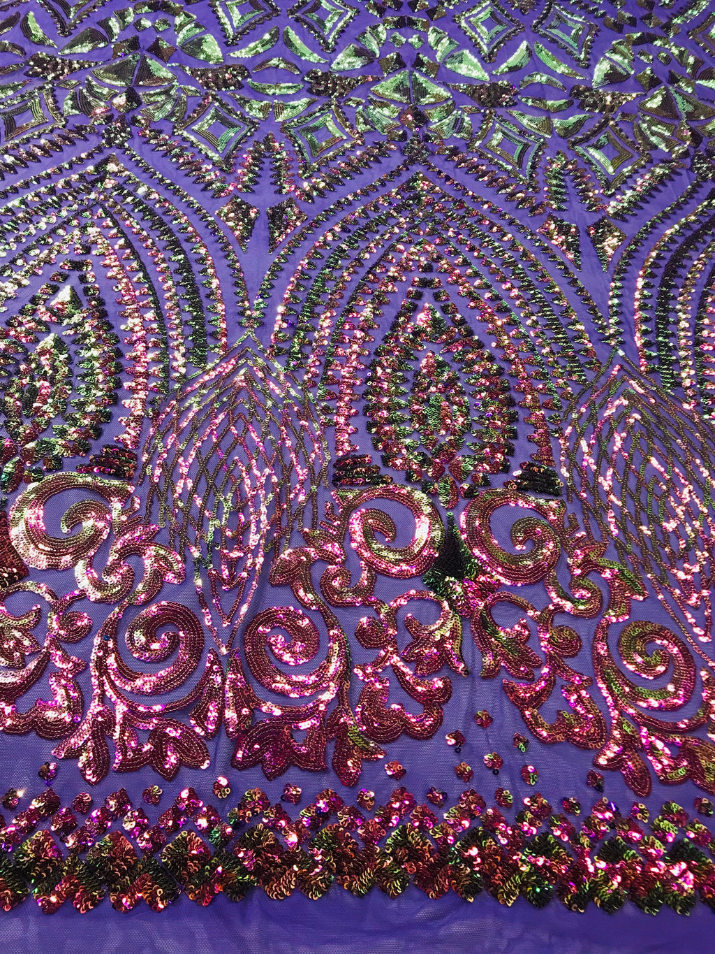 Shiny Pattern Sequins - Iridescent Purple / Gold Mesh 4 Way Stretch Multi Pattern Net Design Fabric