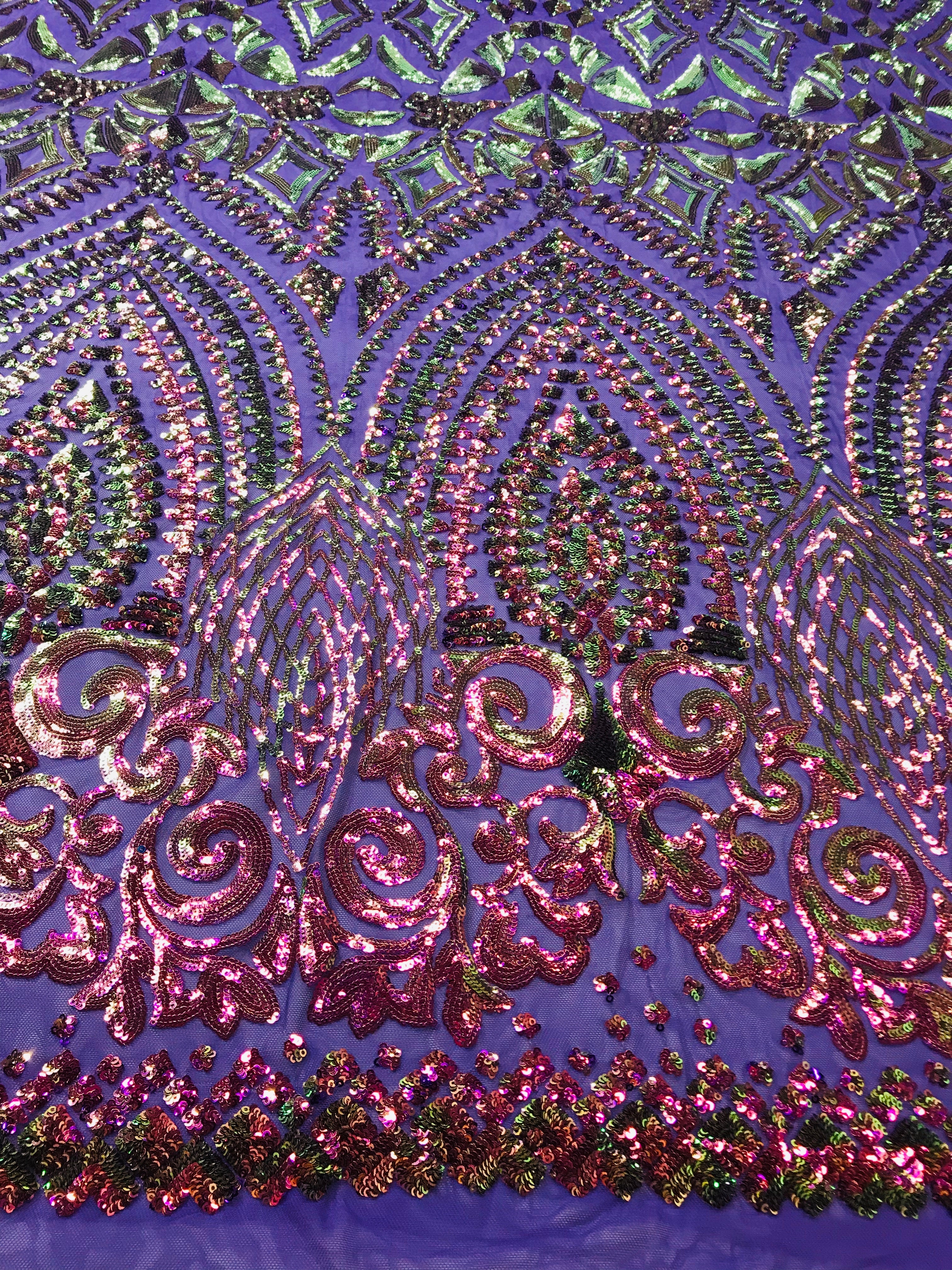 Shiny Pattern Sequins - Iridescent Purple / Gold Mesh 4 Way Stretch Multi Pattern Net Design Fabric