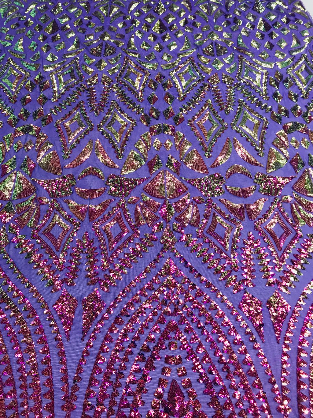 Shiny Pattern Sequins - Iridescent Purple / Gold Mesh 4 Way Stretch Multi Pattern Net Design Fabric