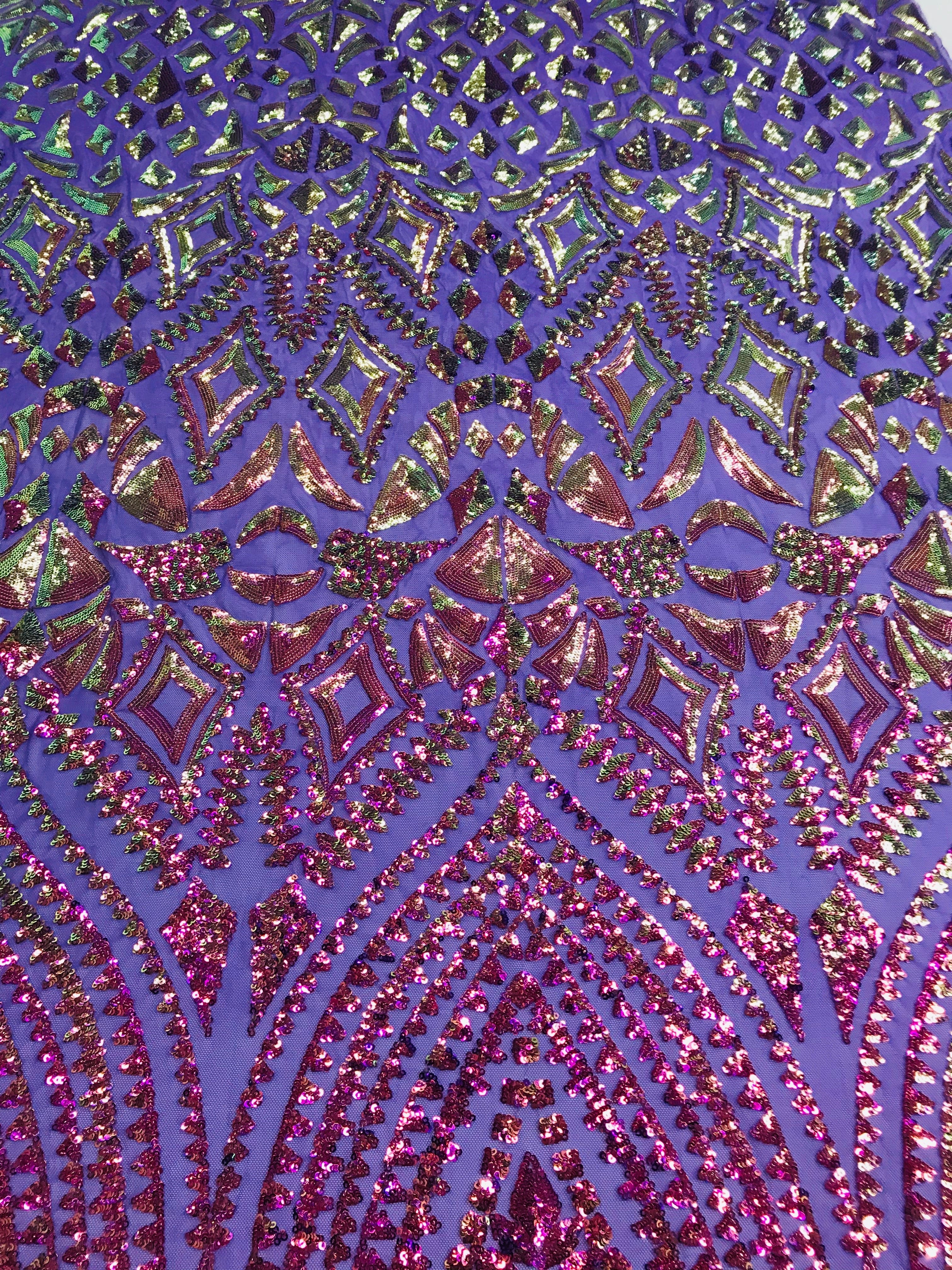 Shiny Pattern Sequins - Iridescent Purple / Gold Mesh 4 Way Stretch Multi Pattern Net Design Fabric
