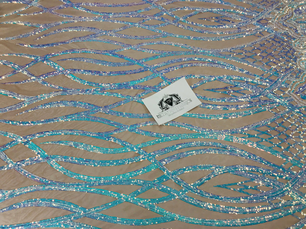 Wavy Line Sequins - Aqua - 4 Way Stretch Iridescent Pattern with Net Design Fashion Fabric