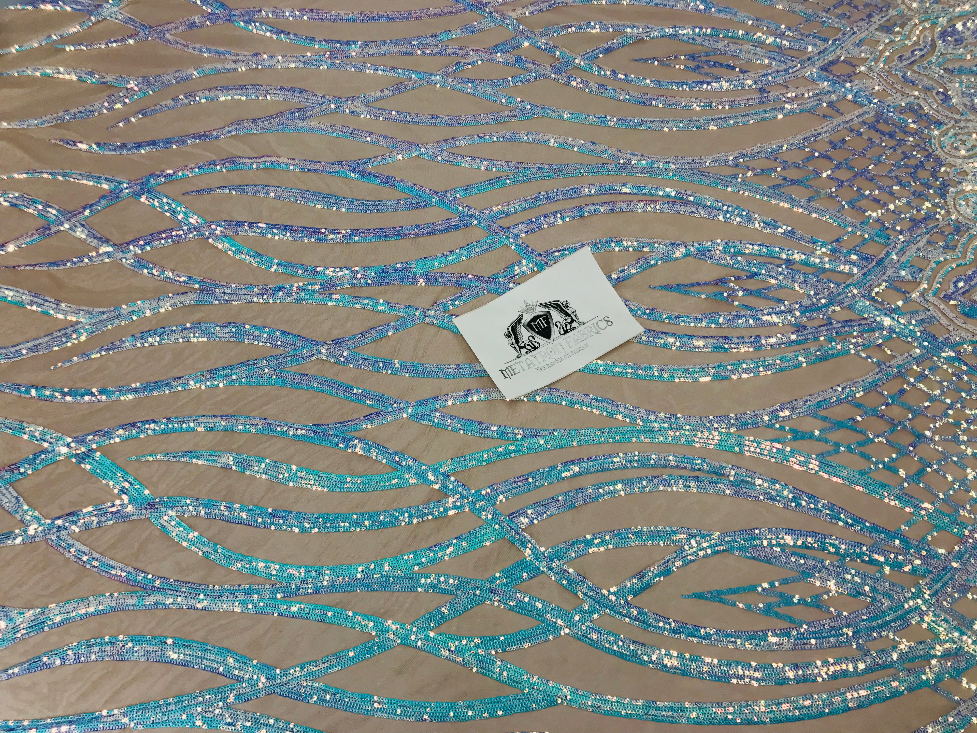 Wavy Line Sequins - Aqua - 4 Way Stretch Iridescent Pattern with Net Design Fashion Fabric
