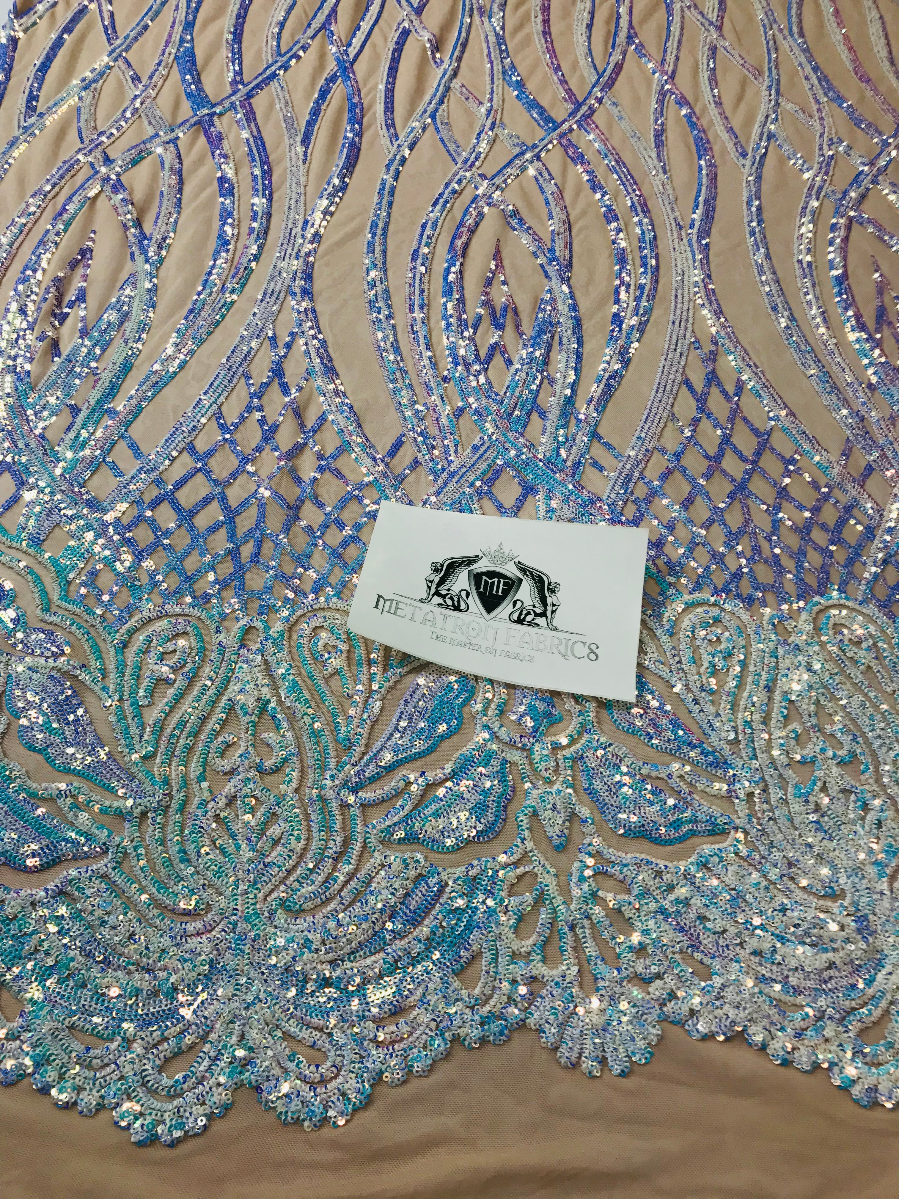 Wavy Line Sequins - Aqua - 4 Way Stretch Iridescent Pattern with Net Design Fashion Fabric
