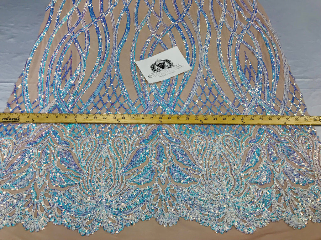 Wavy Line Sequins - Aqua - 4 Way Stretch Iridescent Pattern with Net Design Fashion Fabric