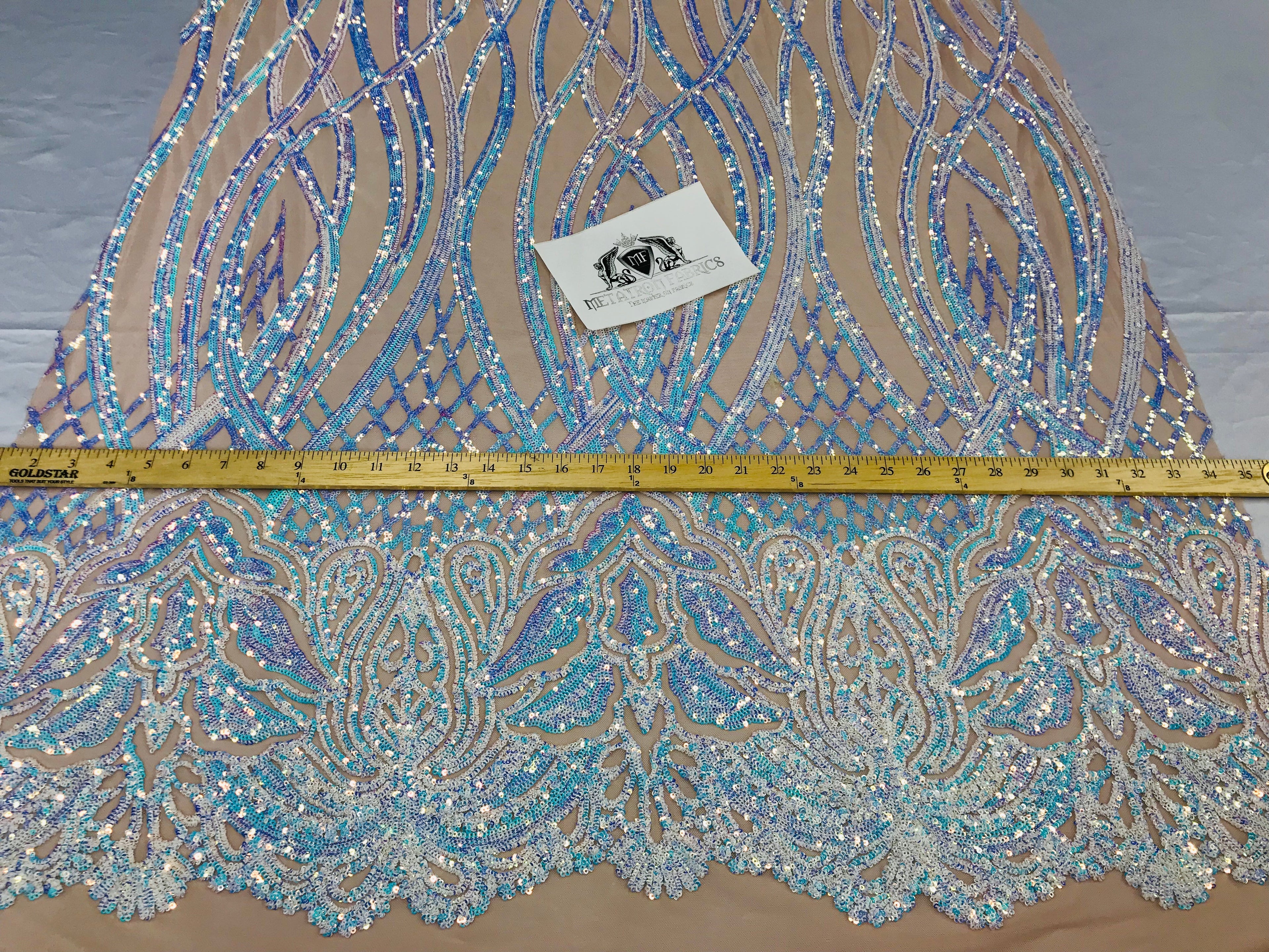 Wavy Line Sequins - Aqua - 4 Way Stretch Iridescent Pattern with Net Design Fashion Fabric