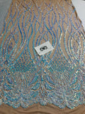 Wavy Line Sequins - Aqua - 4 Way Stretch Iridescent Pattern with Net Design Fashion Fabric