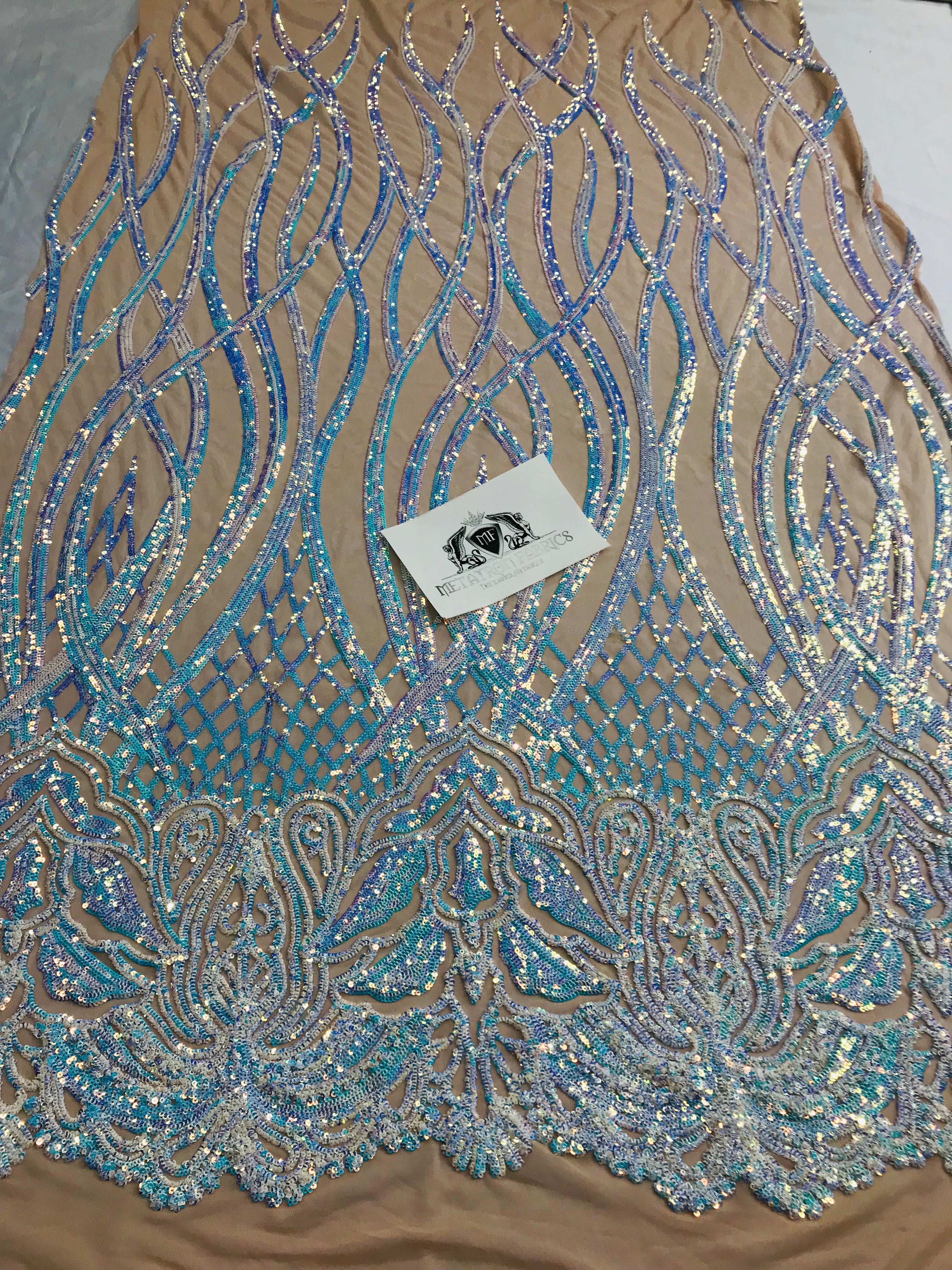 Wavy Line Sequins - Aqua - 4 Way Stretch Iridescent Pattern with Net Design Fashion Fabric