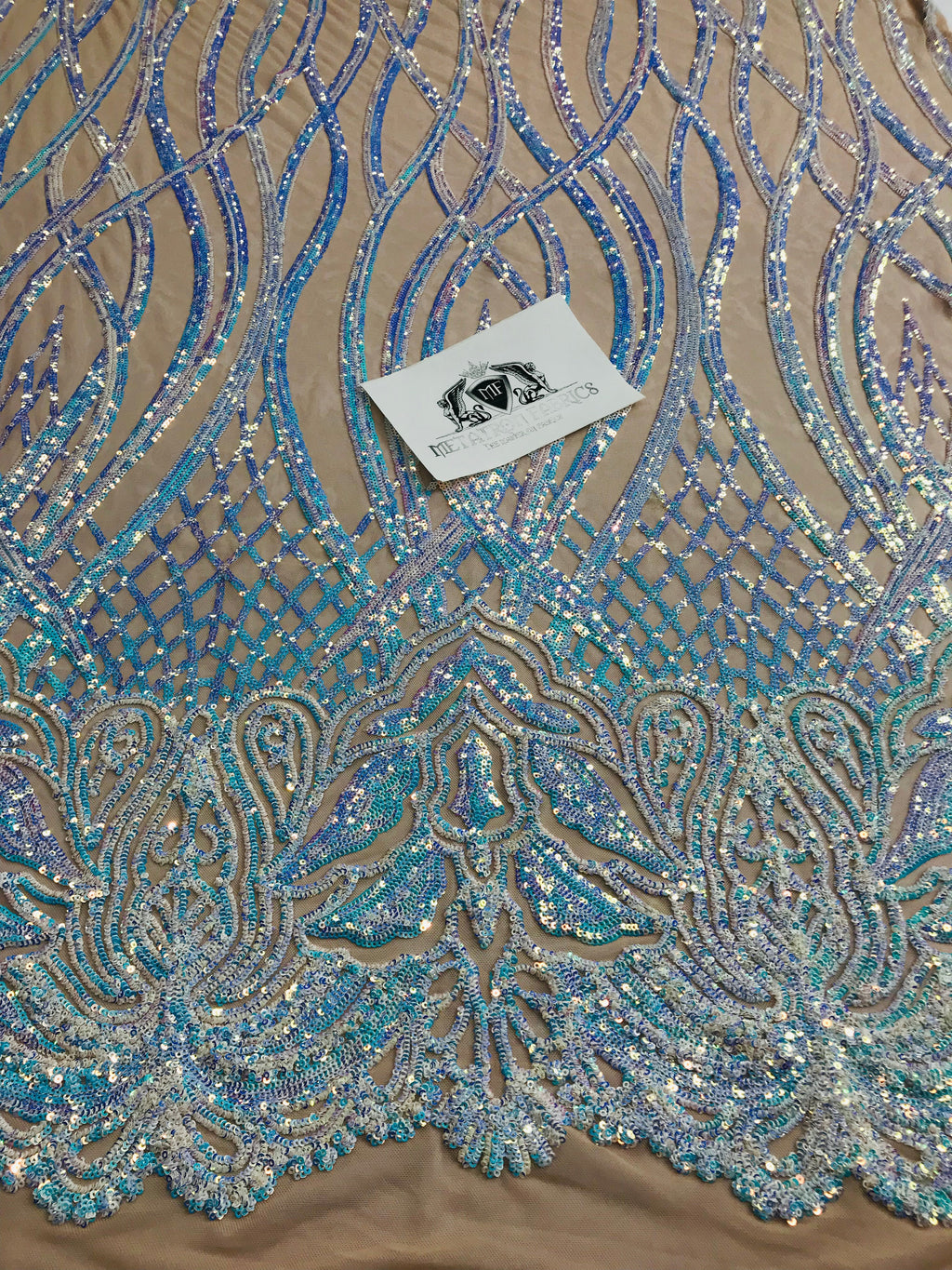 Wavy Line Sequins - Aqua - 4 Way Stretch Iridescent Pattern with Net Design Fashion Fabric