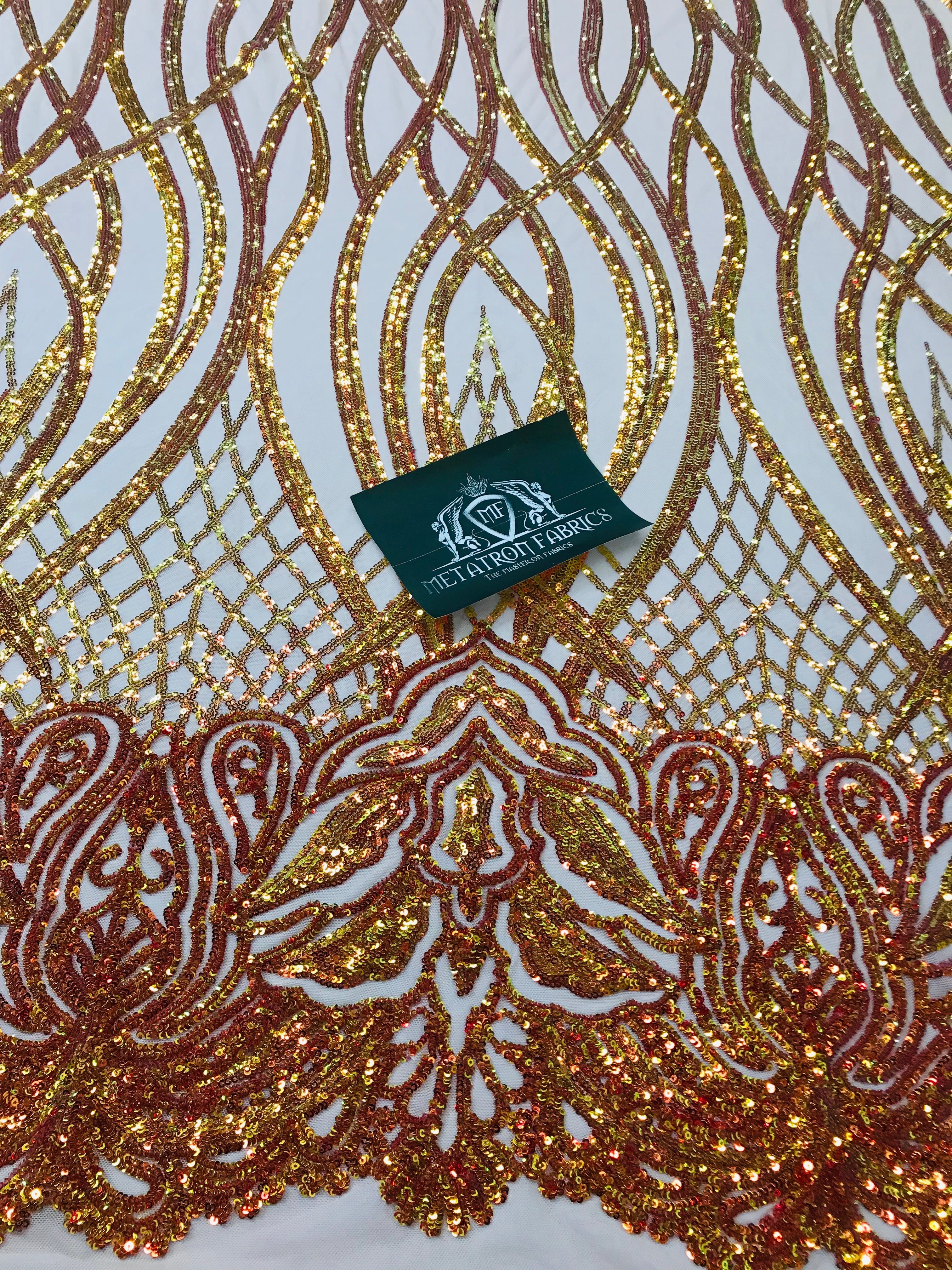 Wavy Line Sequins - Orange / Nude - 4 Way Stretch Iridescent Pattern with Net Design Fashion Fabric