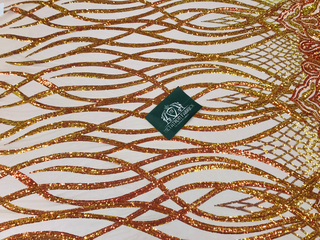 Wavy Line Sequins - Orange / Nude - 4 Way Stretch Iridescent Pattern with Net Design Fashion Fabric
