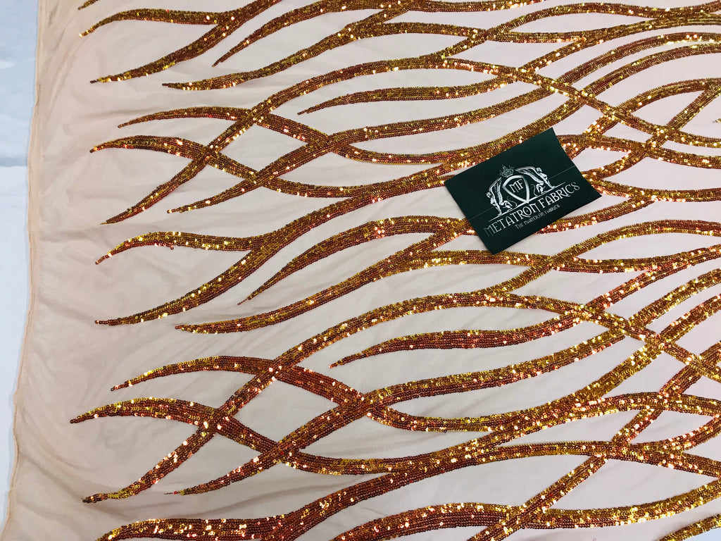 Wavy Line Sequins - Orange / Nude - 4 Way Stretch Iridescent Pattern with Net Design Fashion Fabric