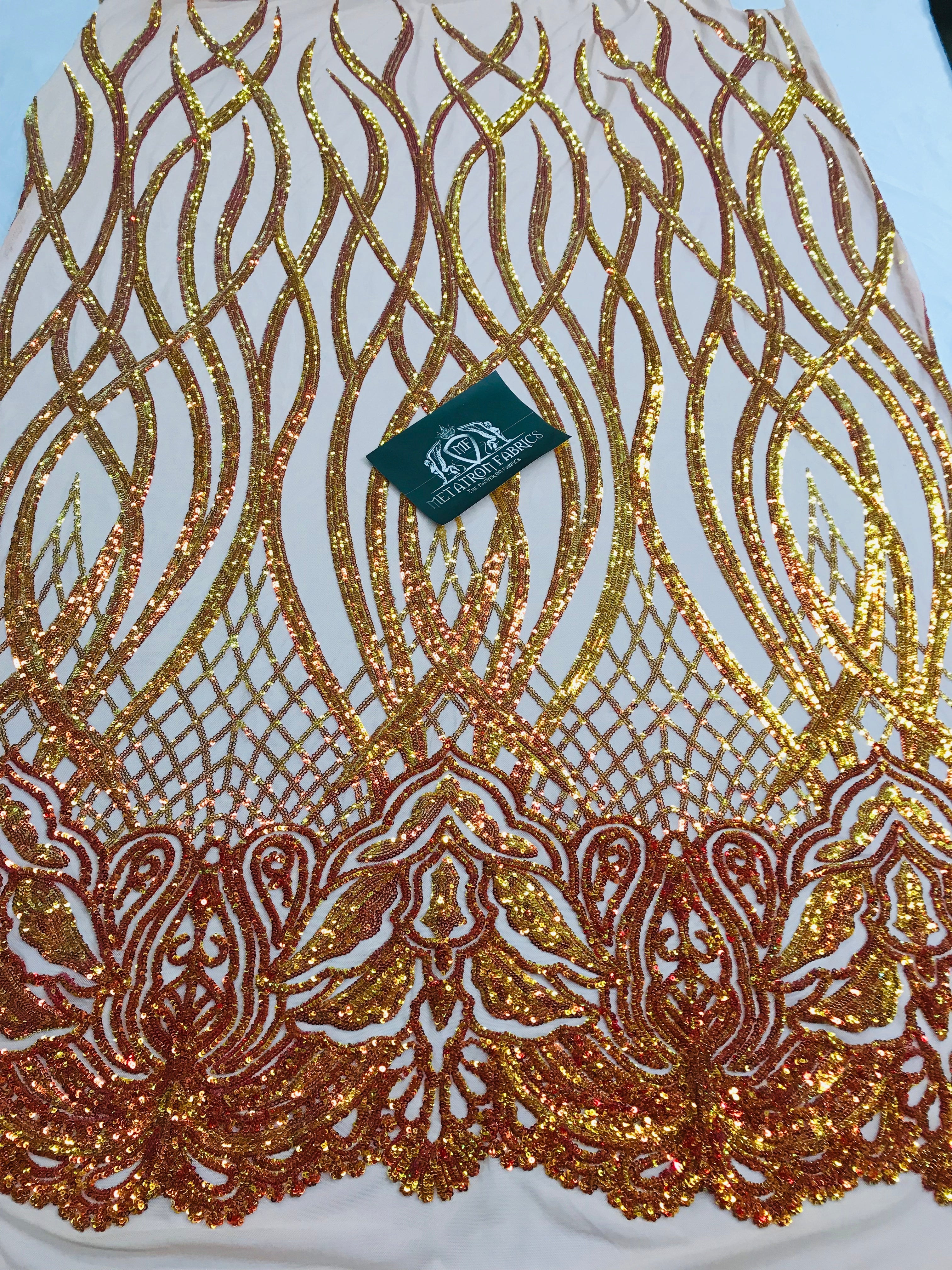Wavy Line Sequins - Orange / Nude - 4 Way Stretch Iridescent Pattern with Net Design Fashion Fabric