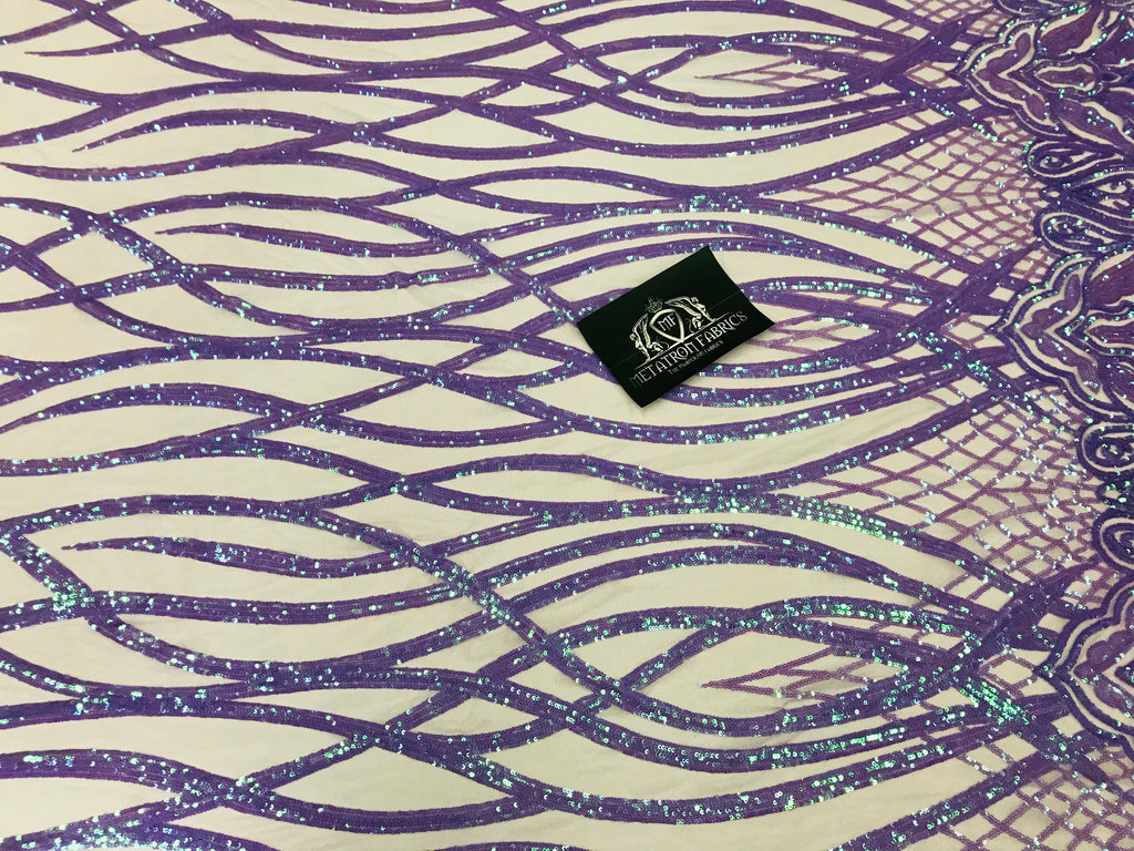 Wavy Line Sequins - Lilac - 4 Way Stretch Iridescent Pattern with Net Design Fashion Fabric