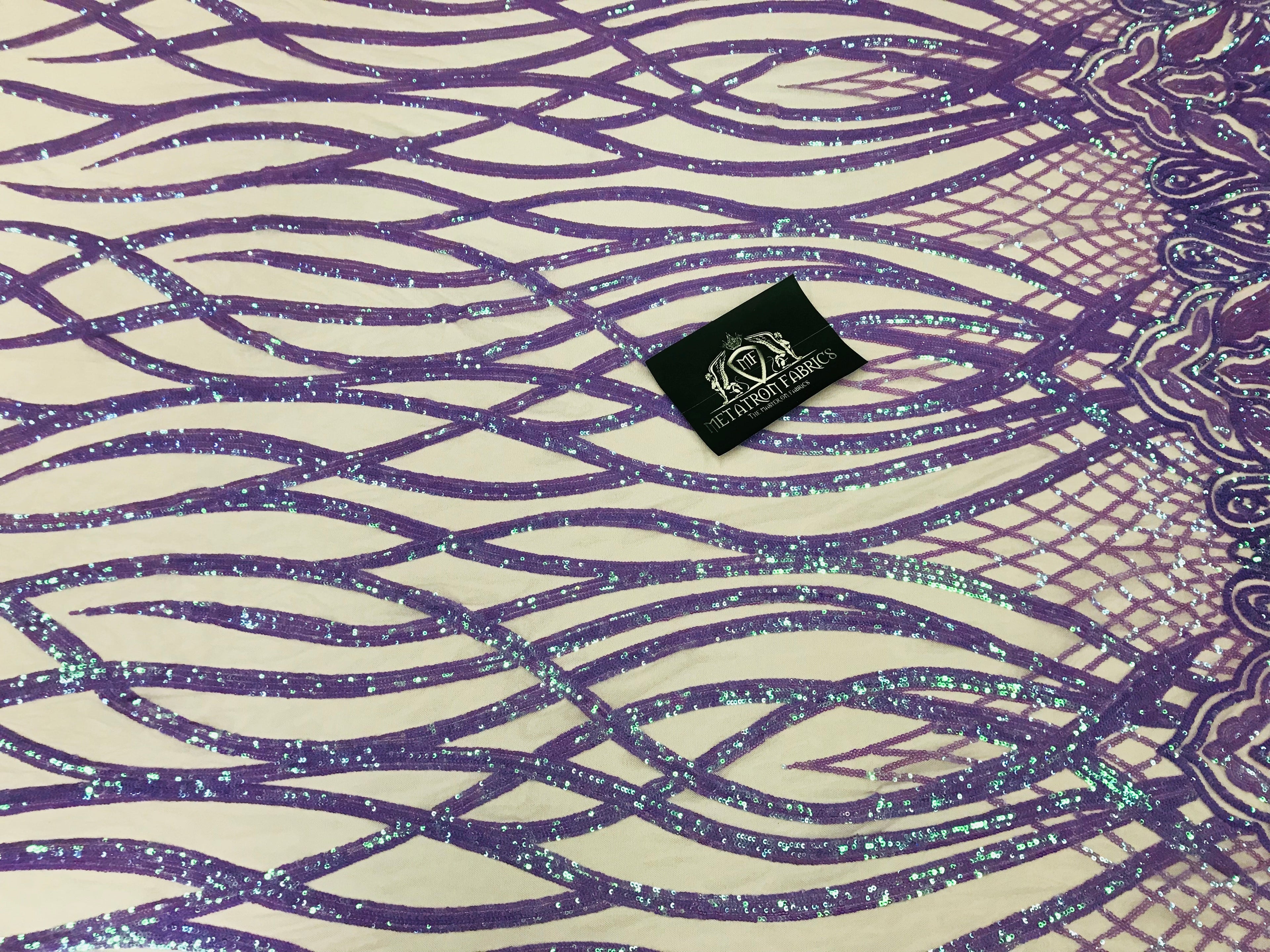 Wavy Line Sequins - Lilac - 4 Way Stretch Iridescent Pattern with Net Design Fashion Fabric