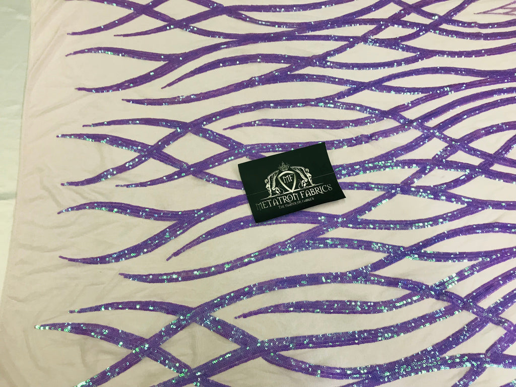 Wavy Line Sequins - Lilac - 4 Way Stretch Iridescent Pattern with Net Design Fashion Fabric