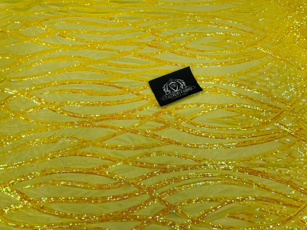 Wavy Line Sequins - Yellow - 4 Way Stretch Iridescent Pattern with Net Design Fashion Fabric