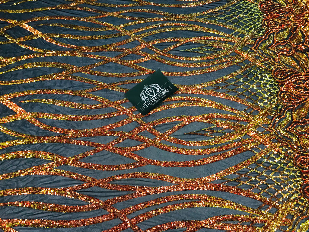 Wavy Line Sequins - Orange / Black Mesh - 4 Way Stretch Iridescent Pattern with Net Design Fabric