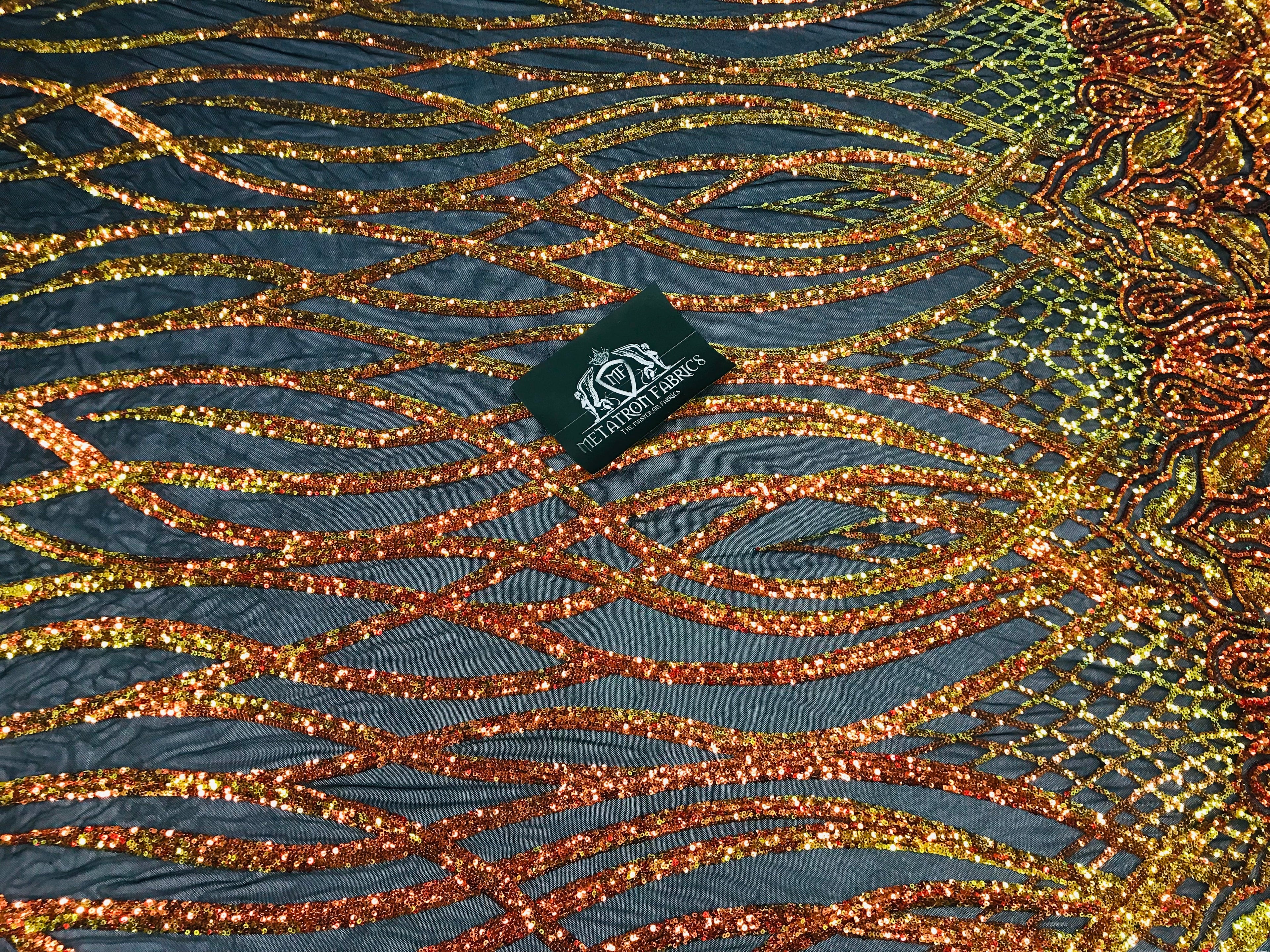 Wavy Line Sequins - Orange / Black Mesh - 4 Way Stretch Iridescent Pattern with Net Design Fabric