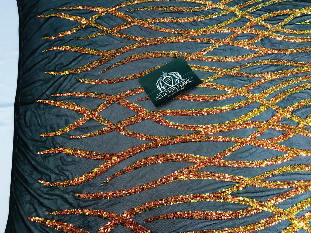 Wavy Line Sequins - Orange / Black Mesh - 4 Way Stretch Iridescent Pattern with Net Design Fabric