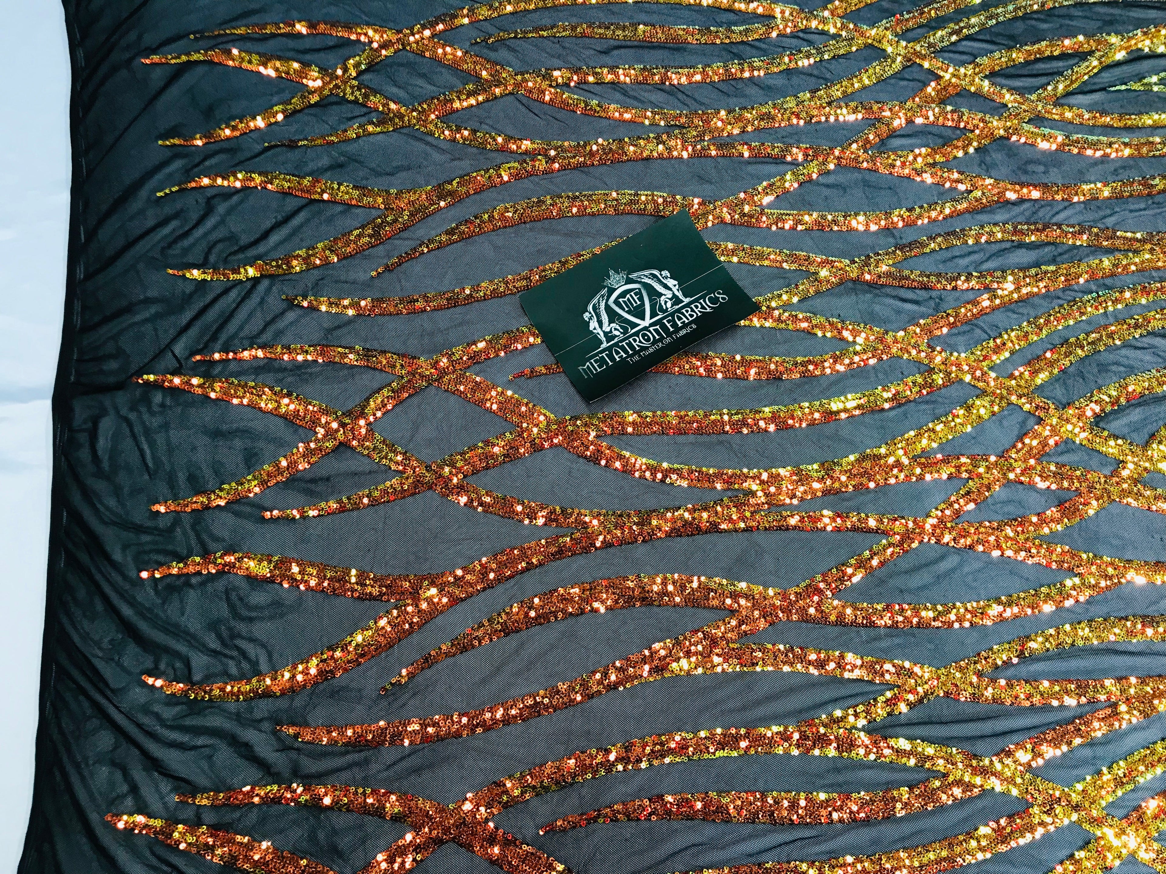Wavy Line Sequins - Orange / Black Mesh - 4 Way Stretch Iridescent Pattern with Net Design Fabric