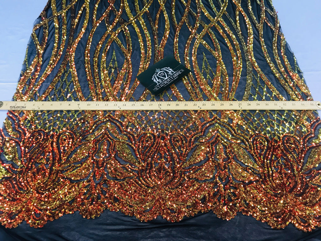 Wavy Line Sequins - Orange / Black Mesh - 4 Way Stretch Iridescent Pattern with Net Design Fabric