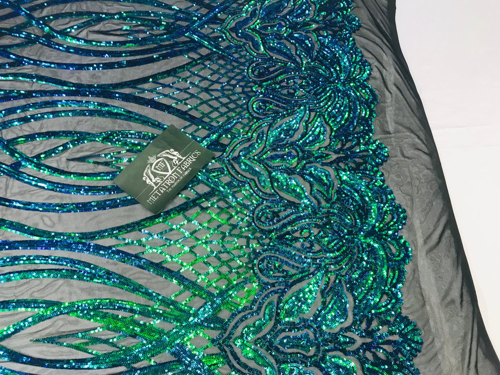 Wavy Line Sequins - Jade Green / Blue- 4 Way Stretch Iridescent Pattern with Net Design Fabric