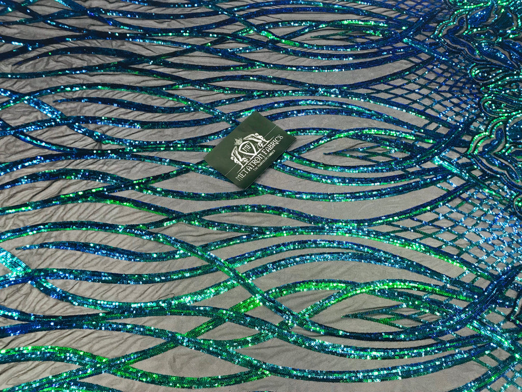 Wavy Line Sequins - Jade Green / Blue- 4 Way Stretch Iridescent Pattern with Net Design Fabric