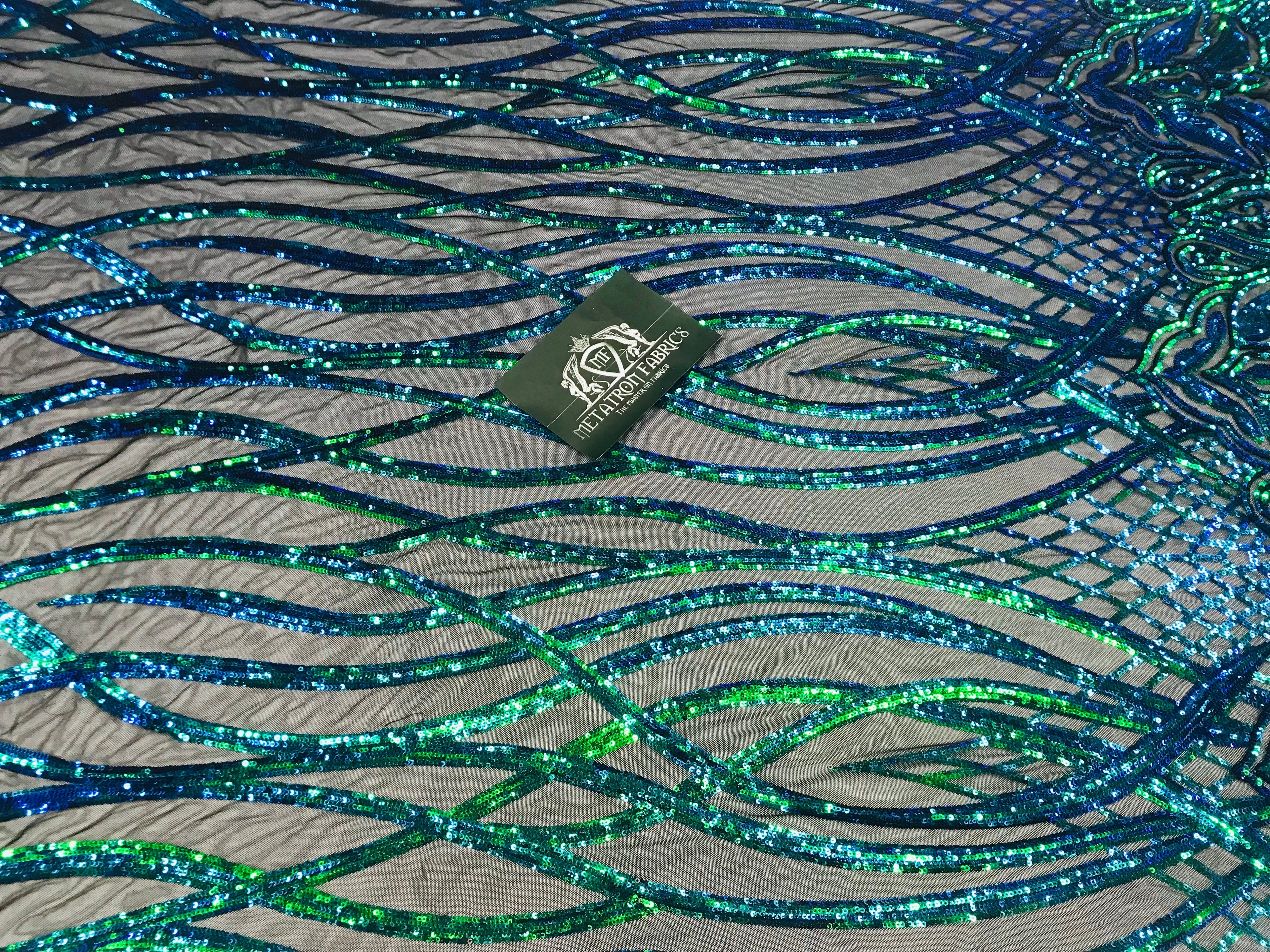 Wavy Line Sequins - Jade Green / Blue- 4 Way Stretch Iridescent Pattern with Net Design Fabric