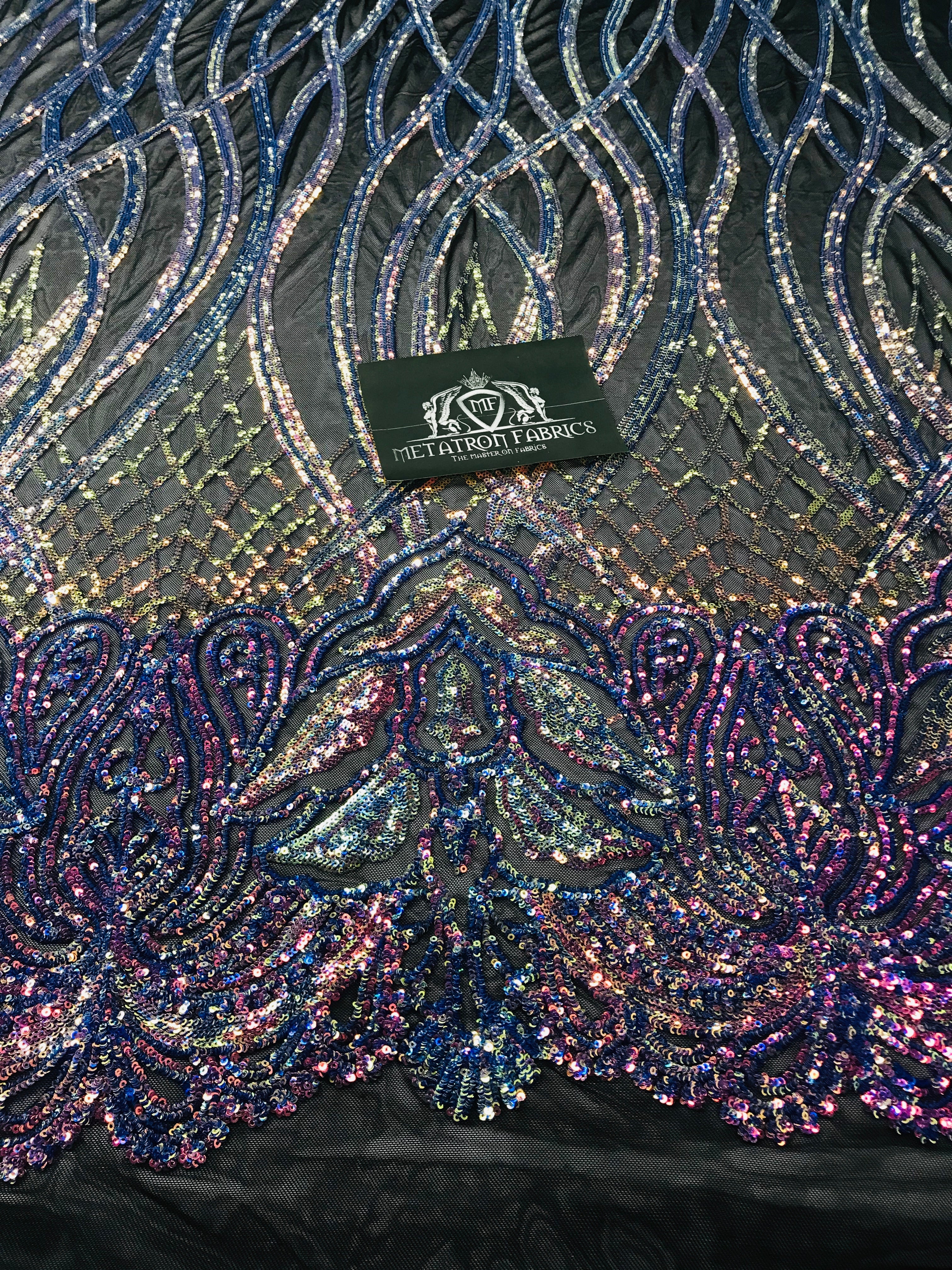 Wavy Line Sequins - Rainbow - 4 Way Stretch Iridescent Pattern with Net Design Fashion Fabric