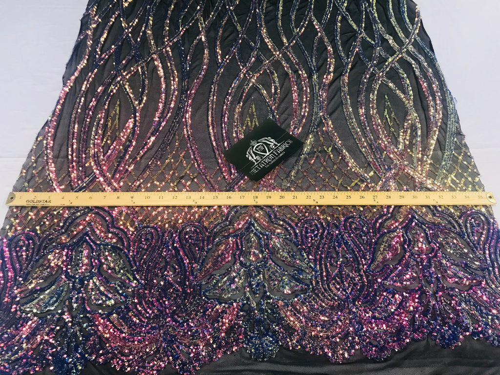 Wavy Line Sequins - Rainbow - 4 Way Stretch Iridescent Pattern with Net Design Fashion Fabric