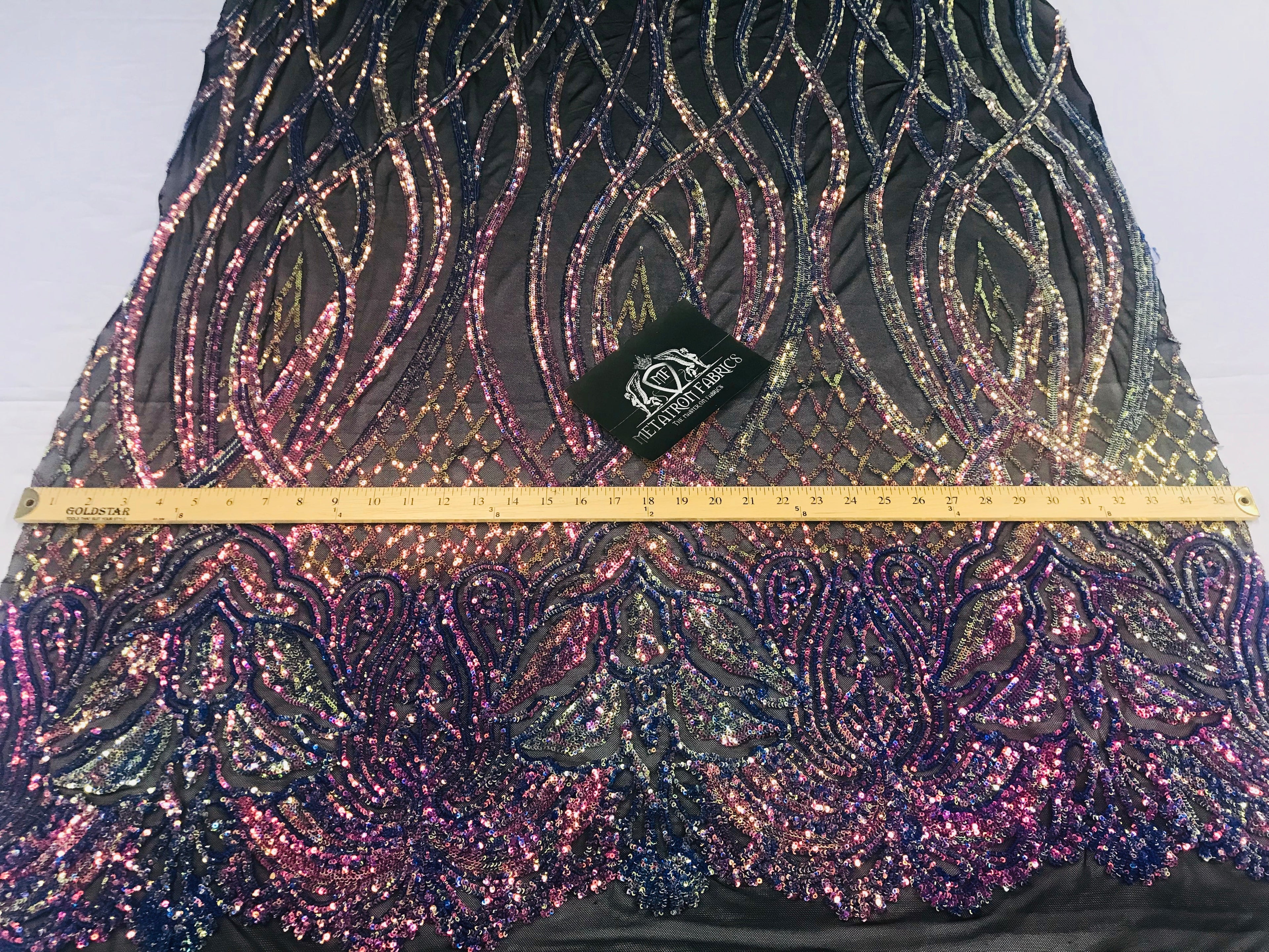 Wavy Line Sequins - Rainbow - 4 Way Stretch Iridescent Pattern with Net Design Fashion Fabric