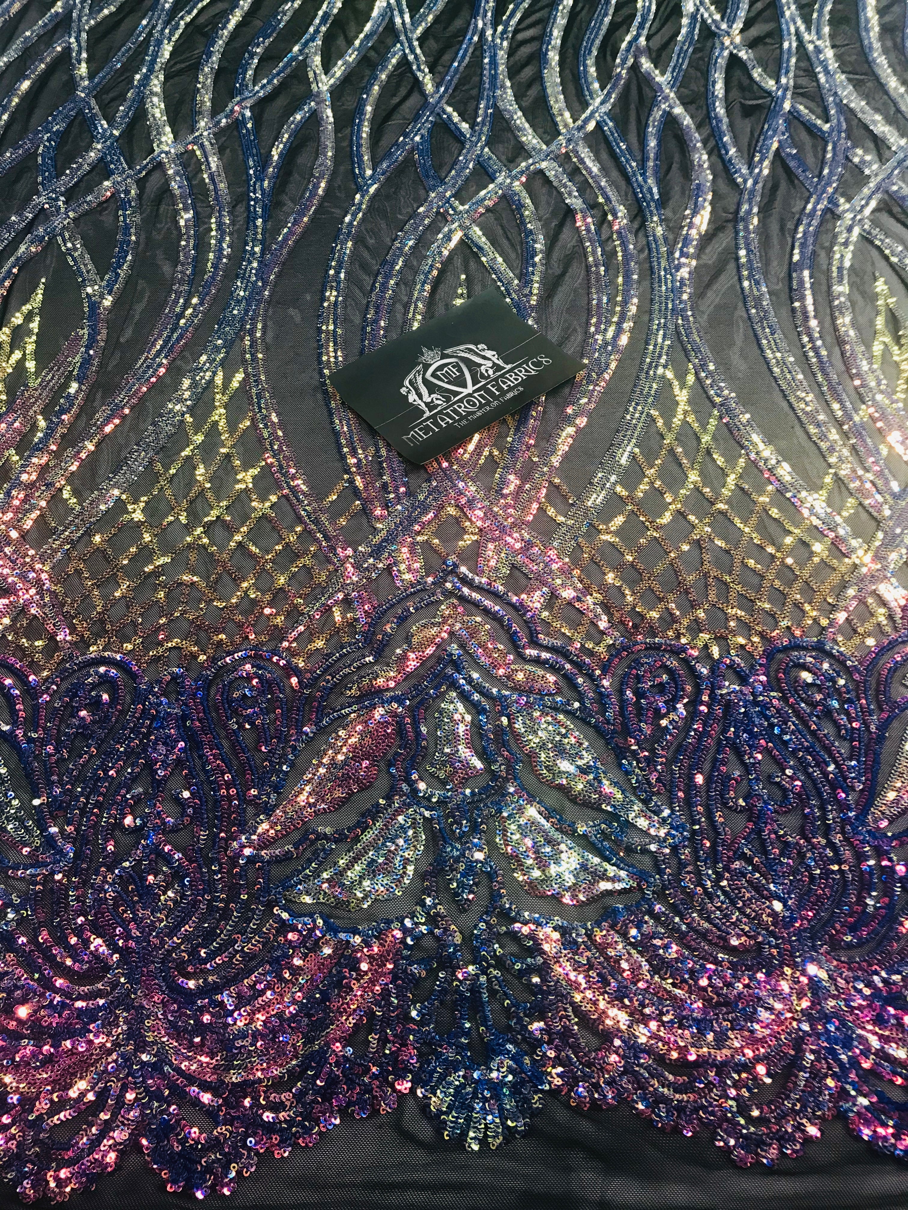 Wavy Line Sequins - Rainbow - 4 Way Stretch Iridescent Pattern with Net Design Fashion Fabric