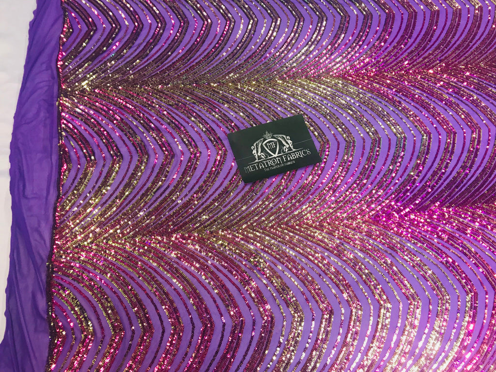 Sequins in Lines - Purple / Gold - Iridescent 4 Way Stretch Two Tone Color Design Sequins Fabric