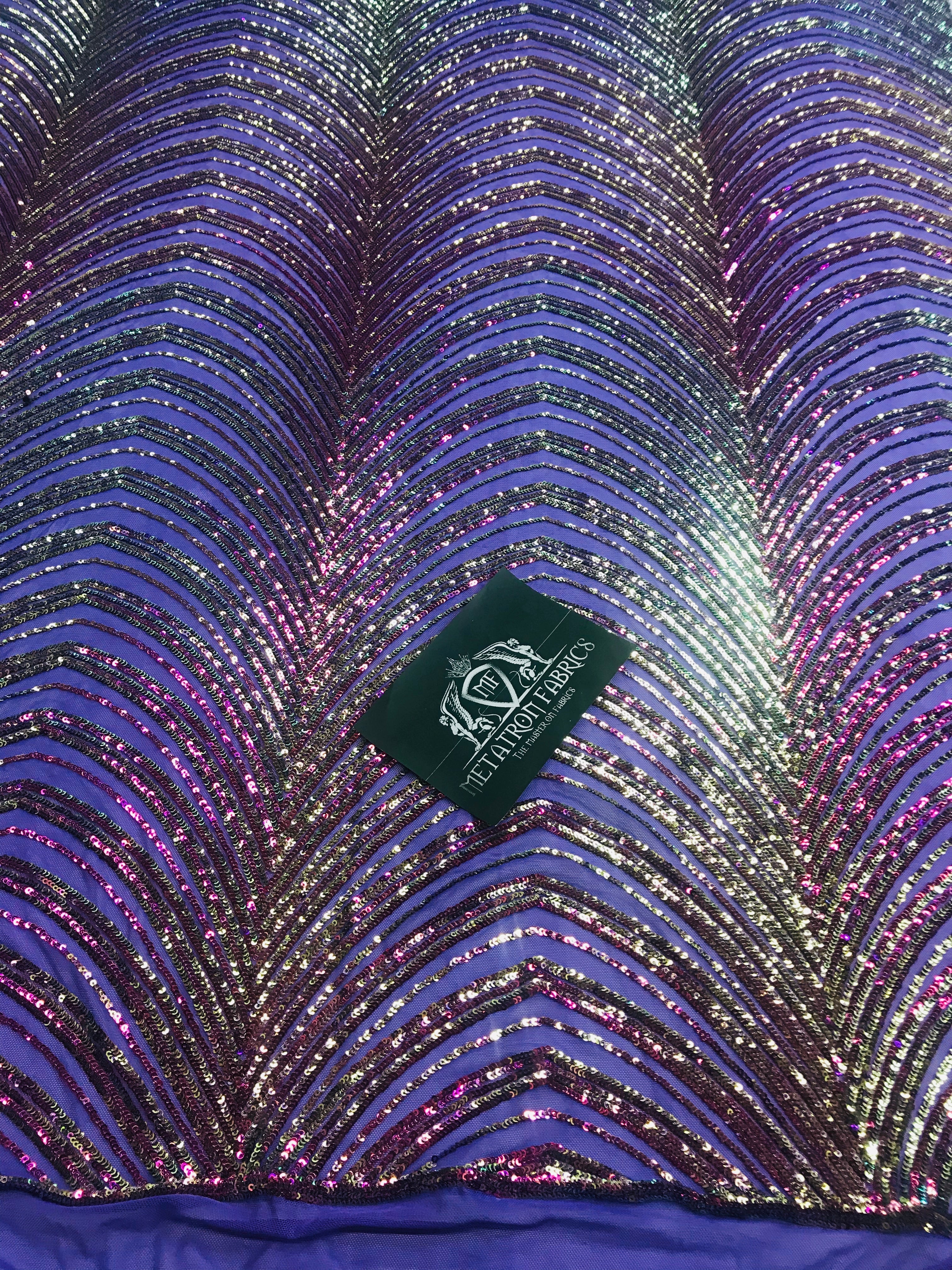 Sequins in Lines - Purple / Gold - Iridescent 4 Way Stretch Two Tone Color Design Sequins Fabric