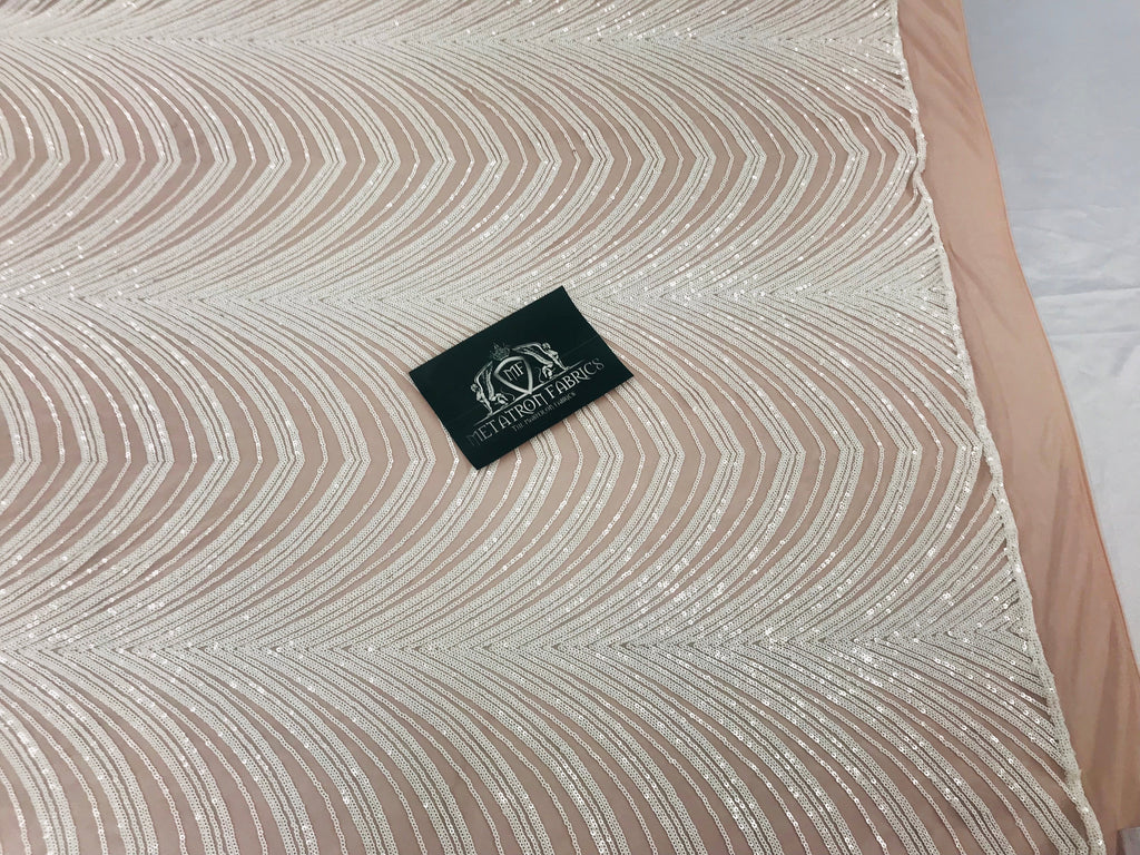 Sequins in Lines - White / Nude Mesh - Iridescent 4 Way Stretch Two Tone Color Design Sequins Fabric