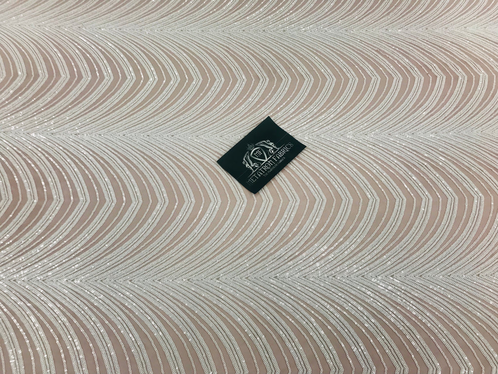 Sequins in Lines - White / Nude Mesh - Iridescent 4 Way Stretch Two Tone Color Design Sequins Fabric