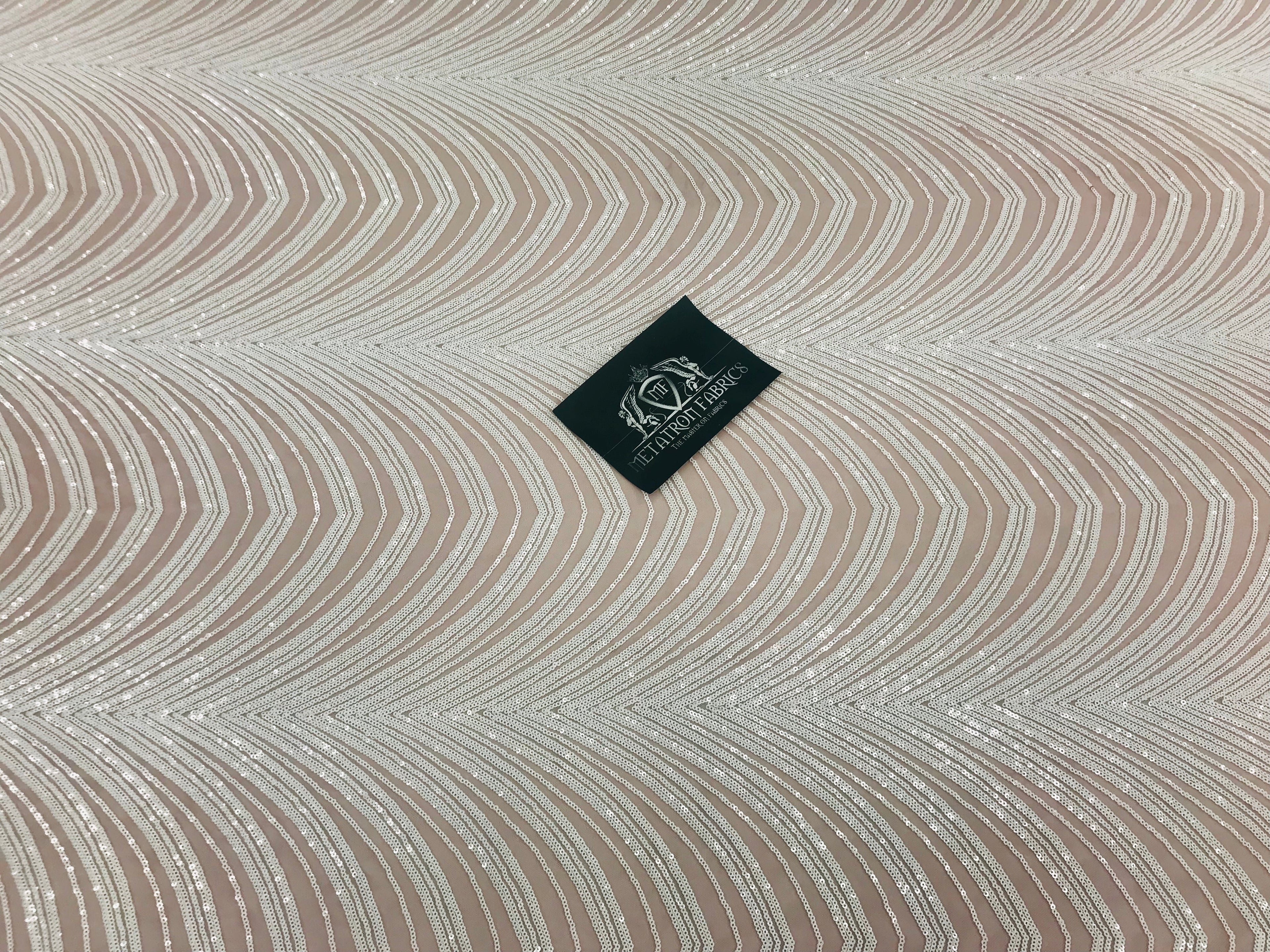 Sequins in Lines - White / Nude Mesh - Iridescent 4 Way Stretch Two Tone Color Design Sequins Fabric