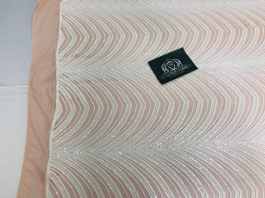 Sequins in Lines - White / Nude Mesh - Iridescent 4 Way Stretch Two Tone Color Design Sequins Fabric