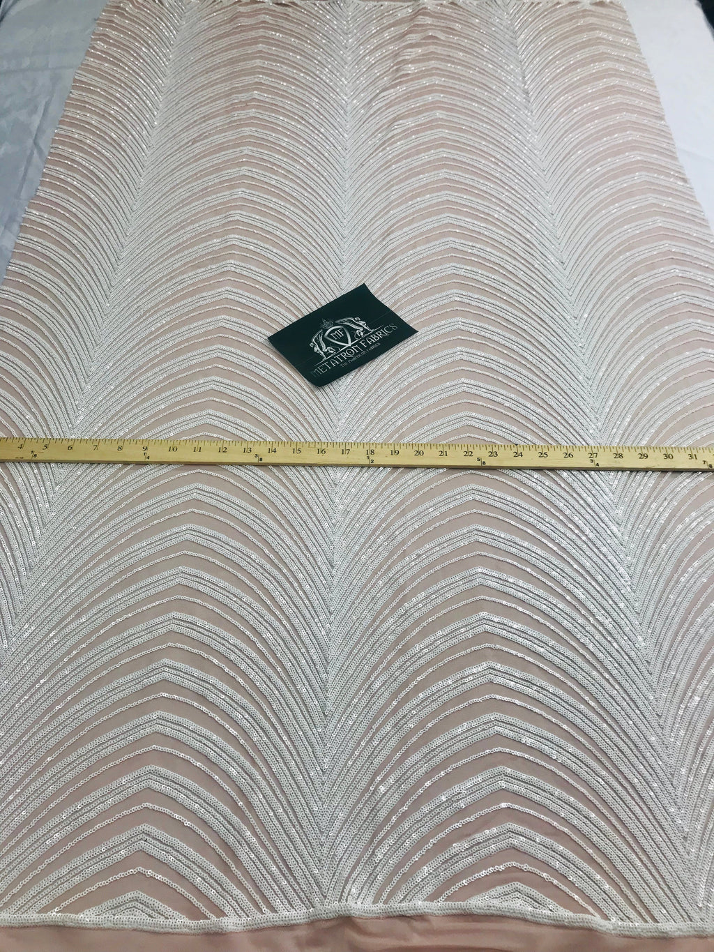 Sequins in Lines - White / Nude Mesh - Iridescent 4 Way Stretch Two Tone Color Design Sequins Fabric