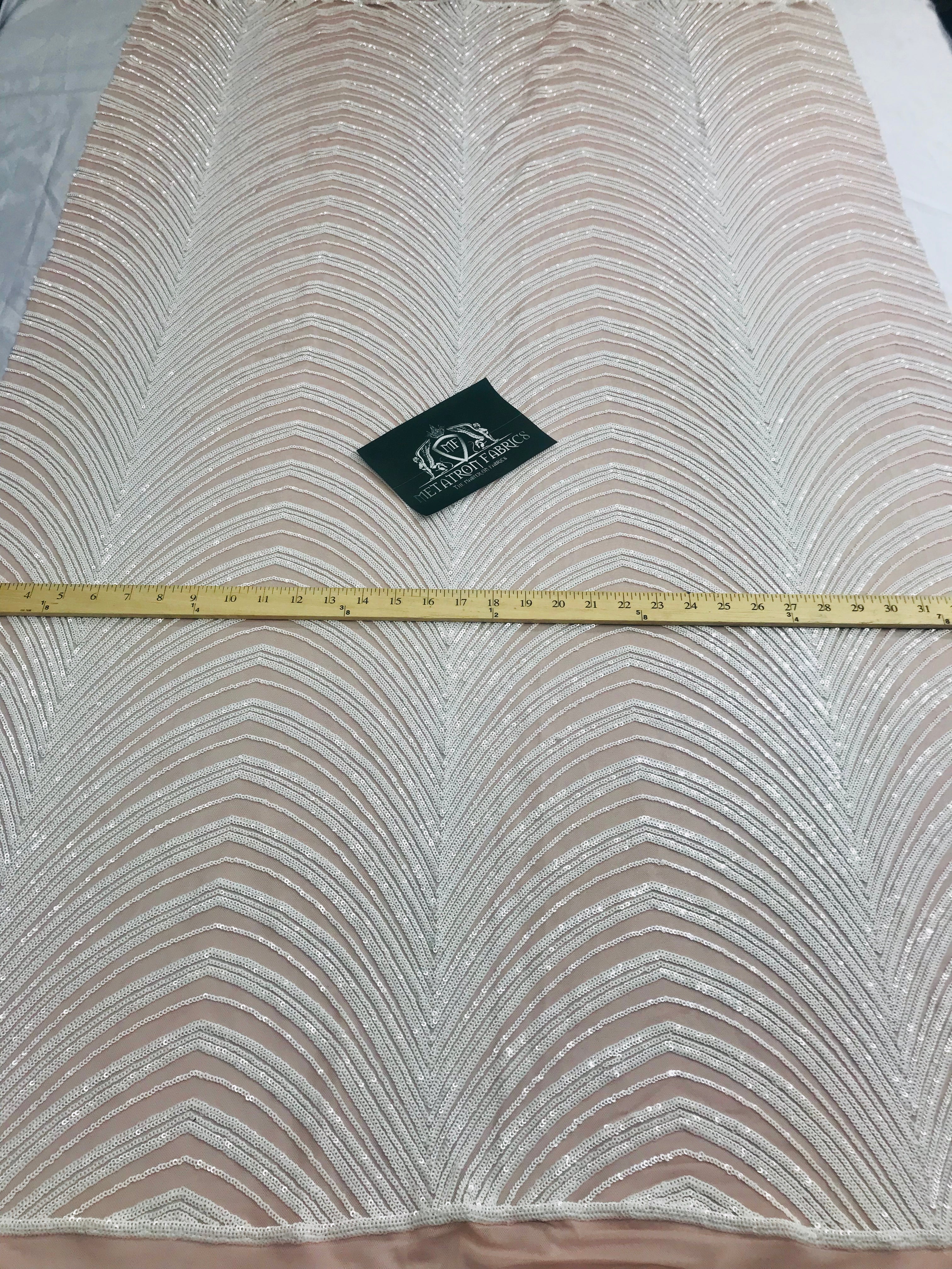Sequins in Lines - White / Nude Mesh - Iridescent 4 Way Stretch Two Tone Color Design Sequins Fabric