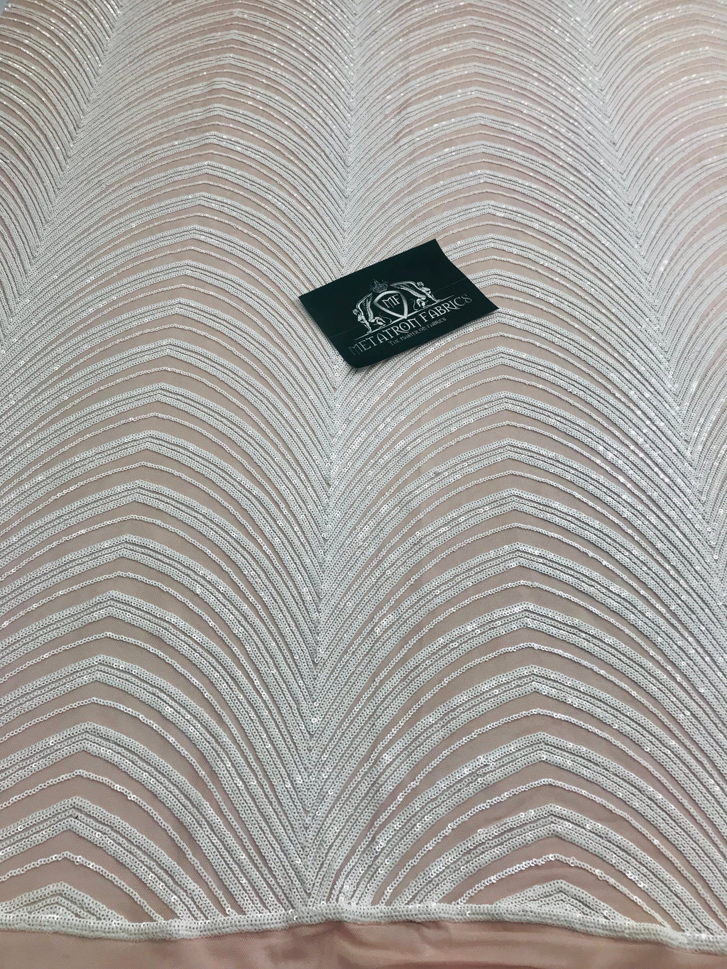 Sequins in Lines - White / Nude Mesh - Iridescent 4 Way Stretch Two Tone Color Design Sequins Fabric