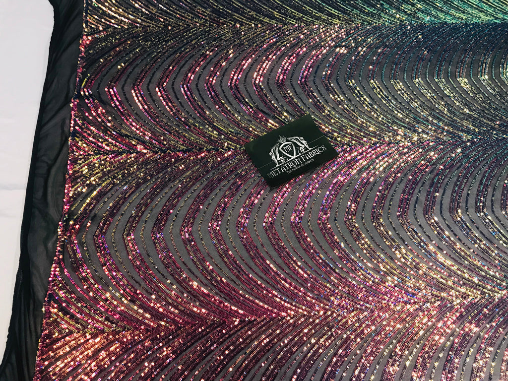 Sequins in Lines - Rainbow - Iridescent 4 Way Stretch Two Tone Color Design Sequins Fabric