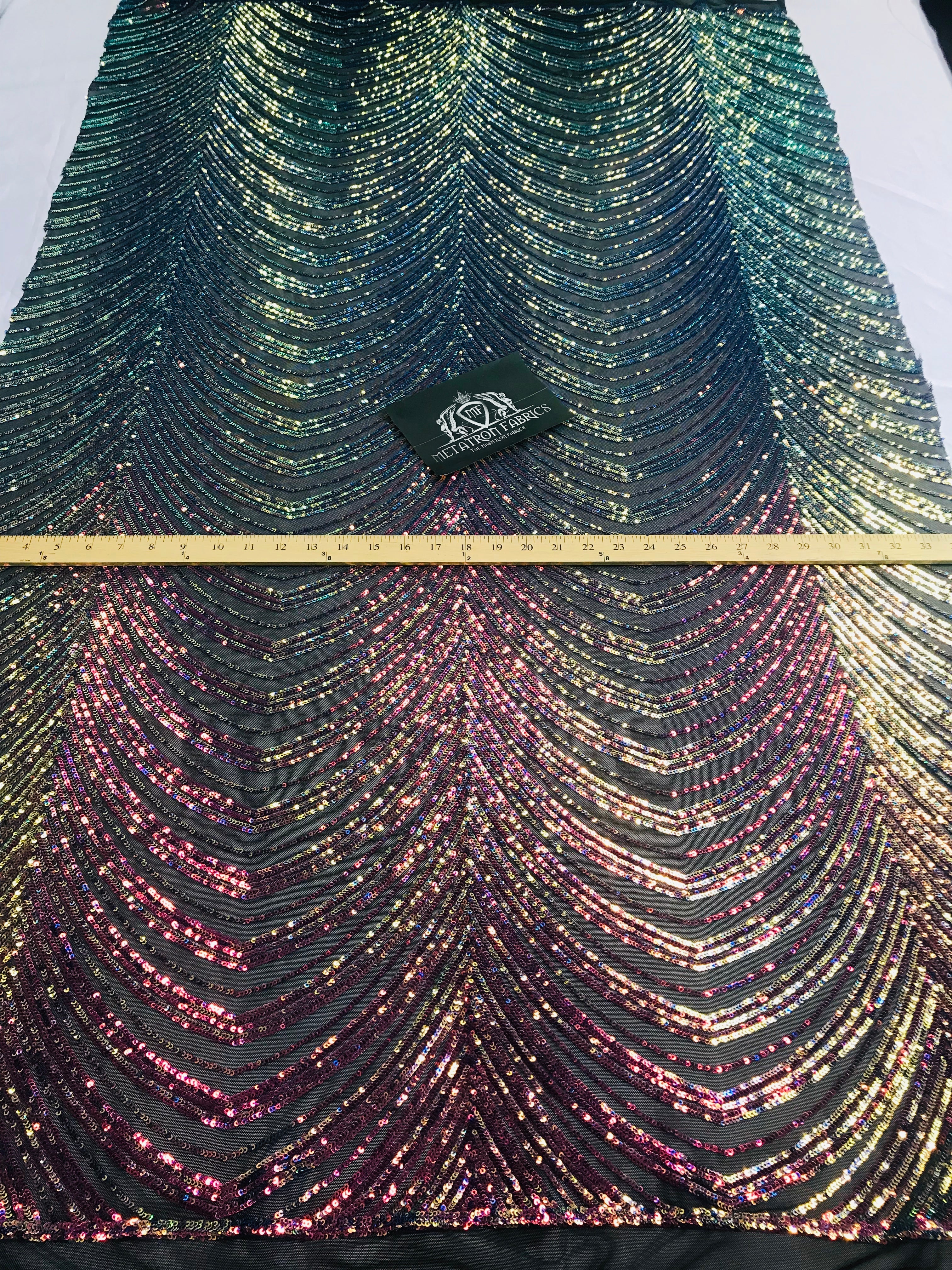 Sequins in Lines - Rainbow - Iridescent 4 Way Stretch Two Tone Color Design Sequins Fabric