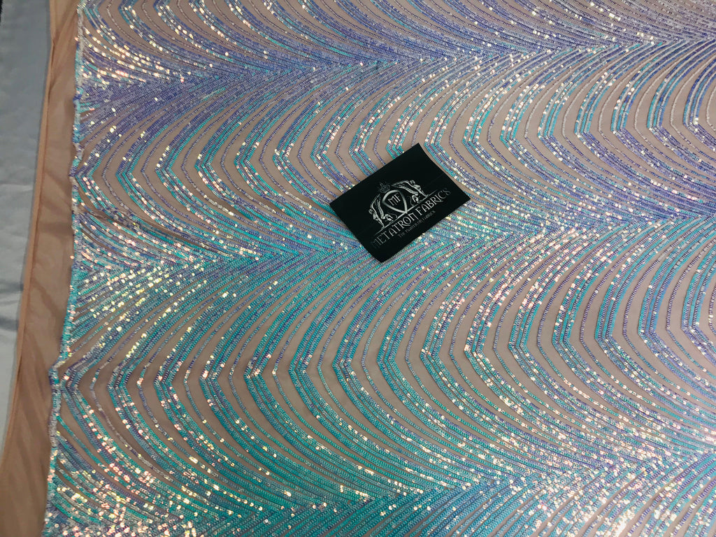 Sequins in Lines - Aqua - Iridescent 4 Way Stretch Two Tone Color Design Sequins Fabric