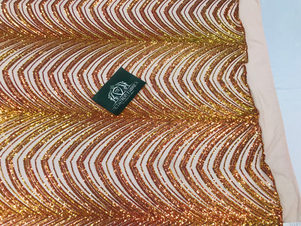 Sequins in Lines - Orange / Nude Mesh - Iridescent 4 Way Stretch Two Tone Design Sequins Fabric