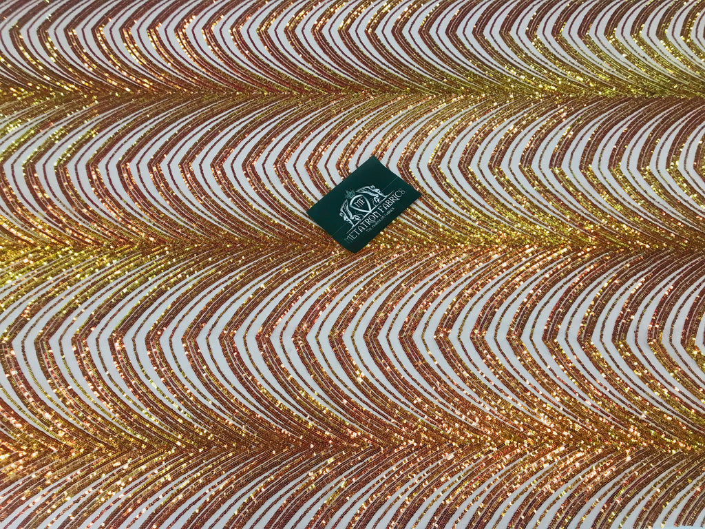 Sequins in Lines - Orange / Nude Mesh - Iridescent 4 Way Stretch Two Tone Design Sequins Fabric