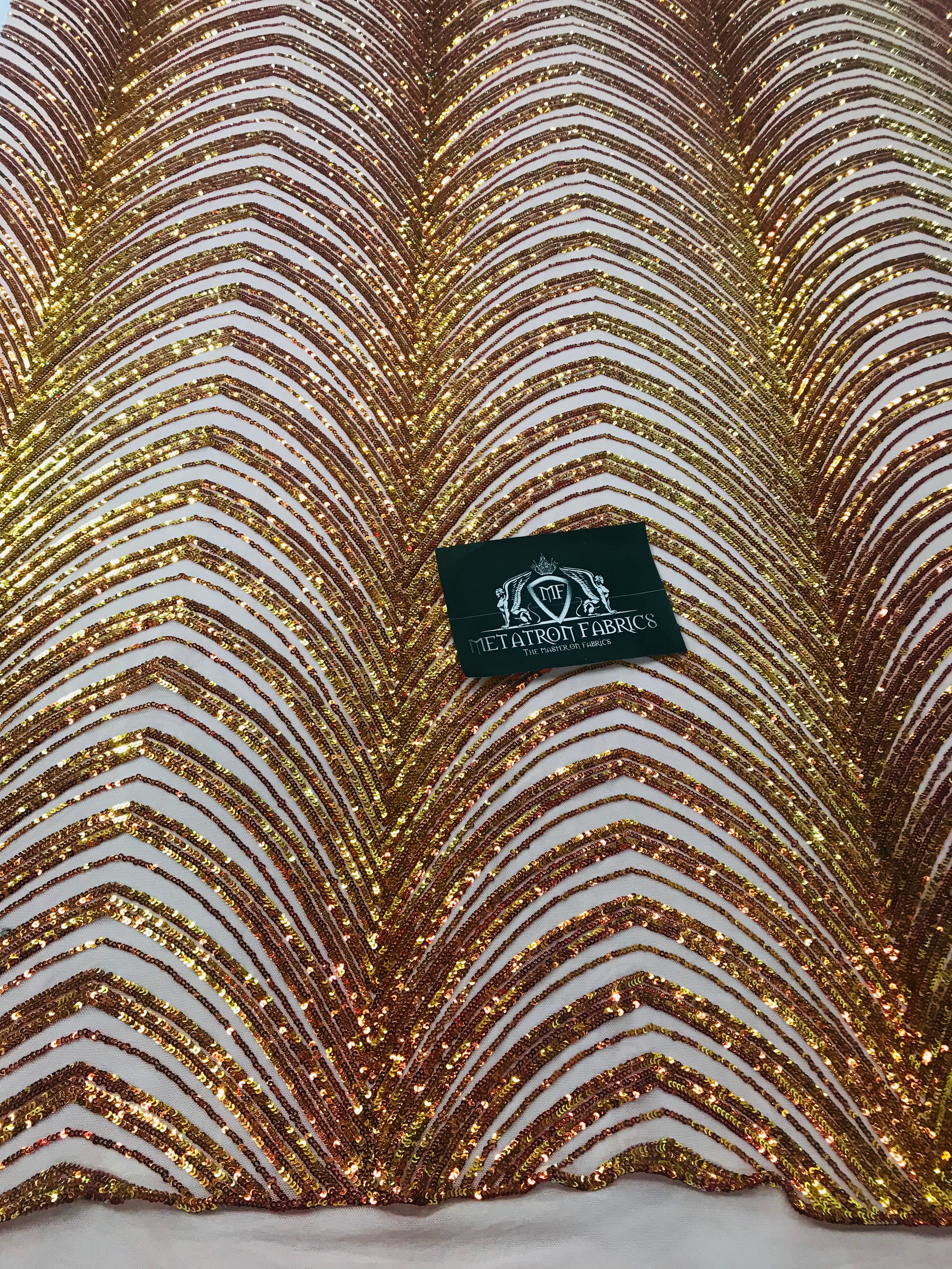 Sequins in Lines - Orange / Nude Mesh - Iridescent 4 Way Stretch Two Tone Design Sequins Fabric